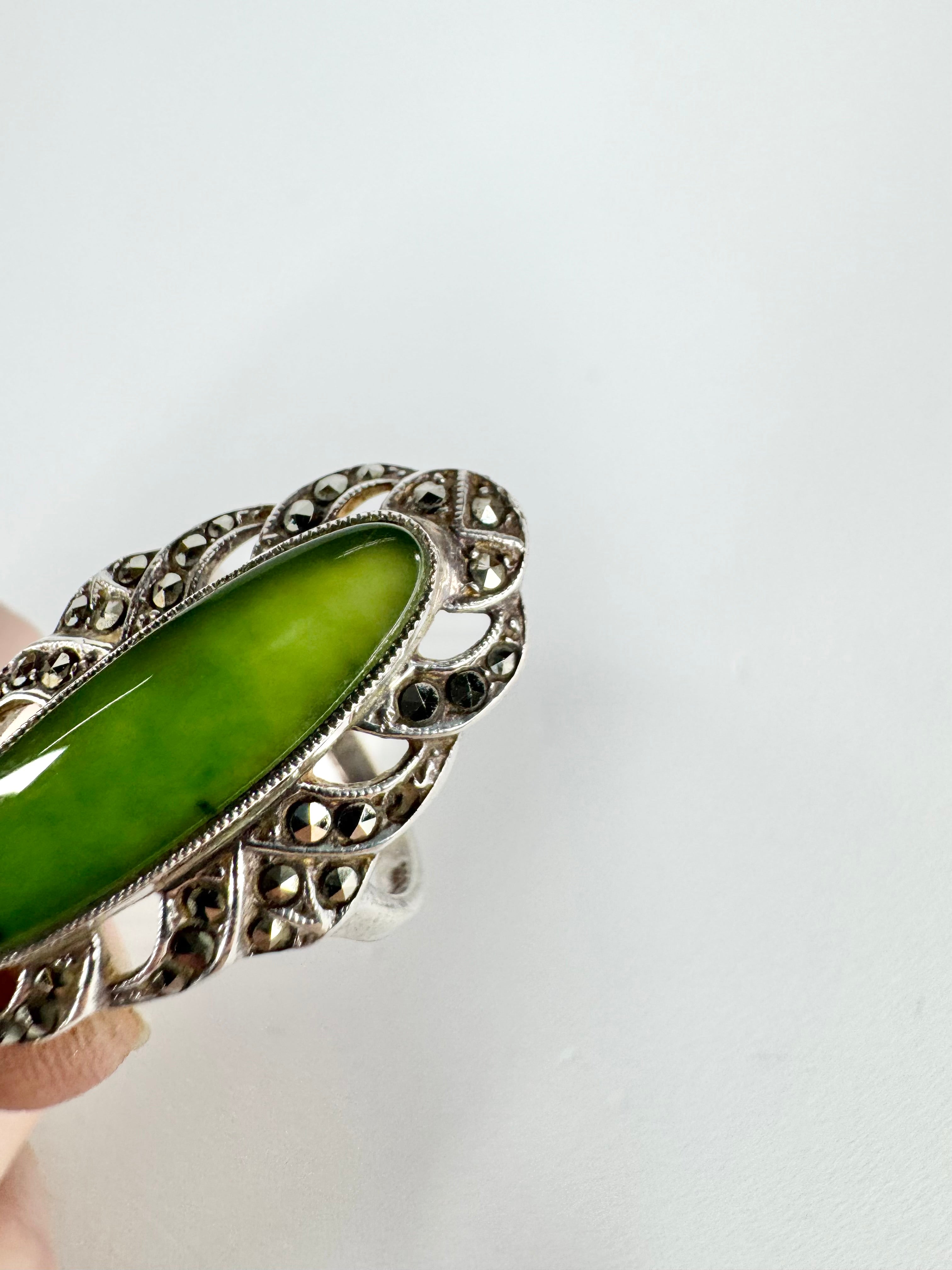 Silver Nephrite Jade & Marcasite Art Deco Ring