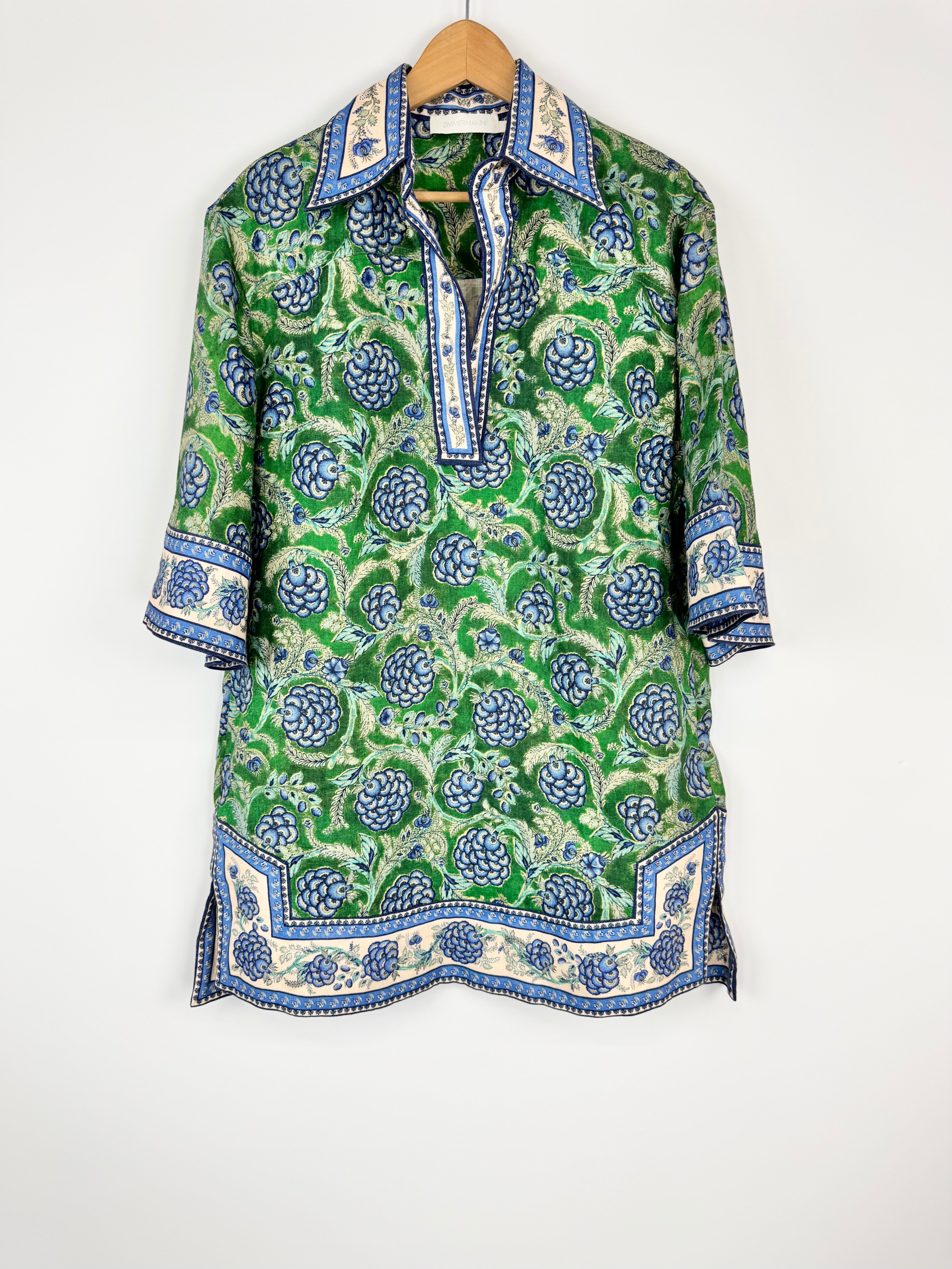 Zimmermann Resort Swim 24 Green & Blue 'Junie' Linen Mini Dress - AU10/12