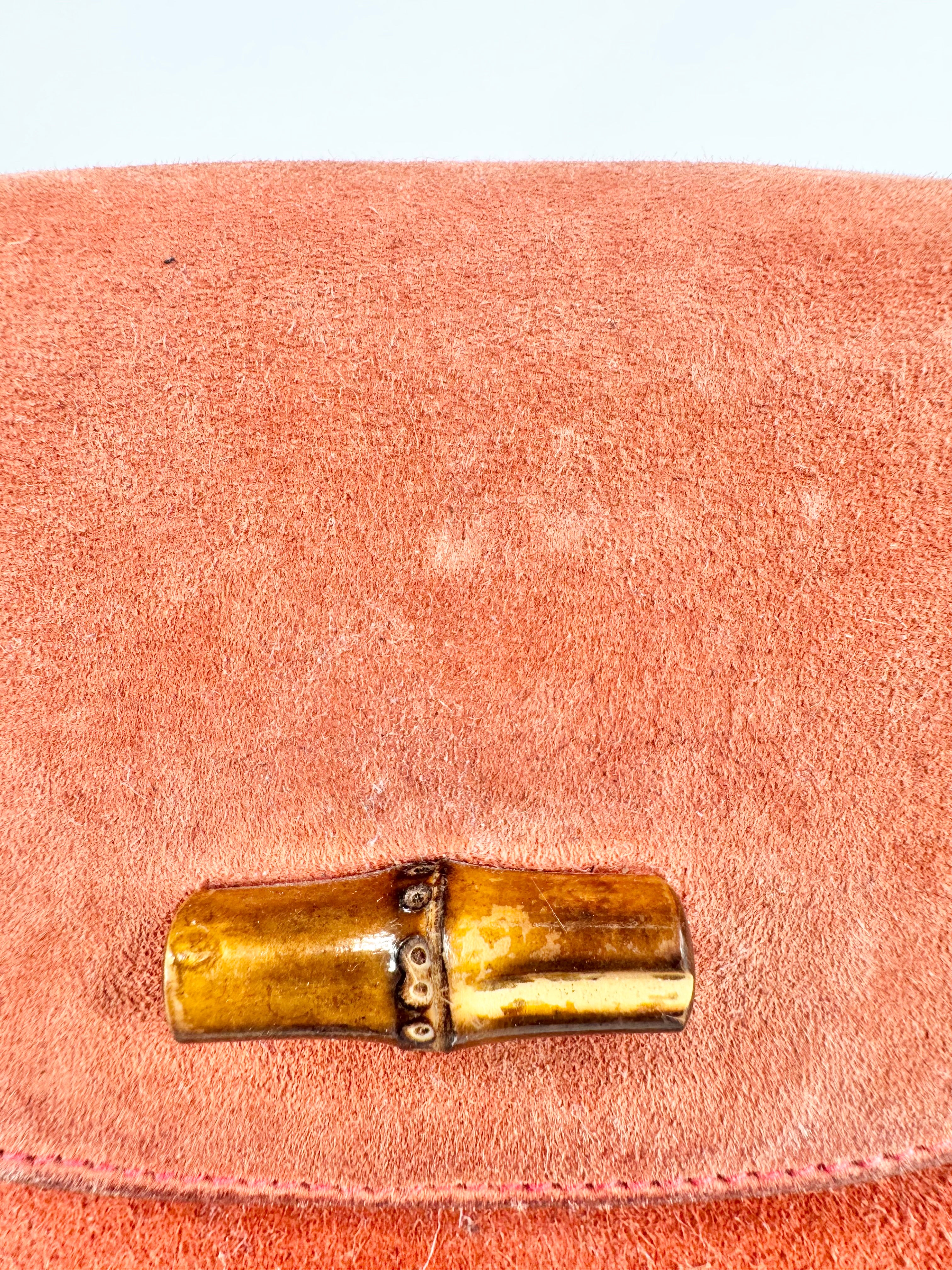 Vintage Gucci Mini Orange Sorbet Suede Bamboo Cross Body Bag