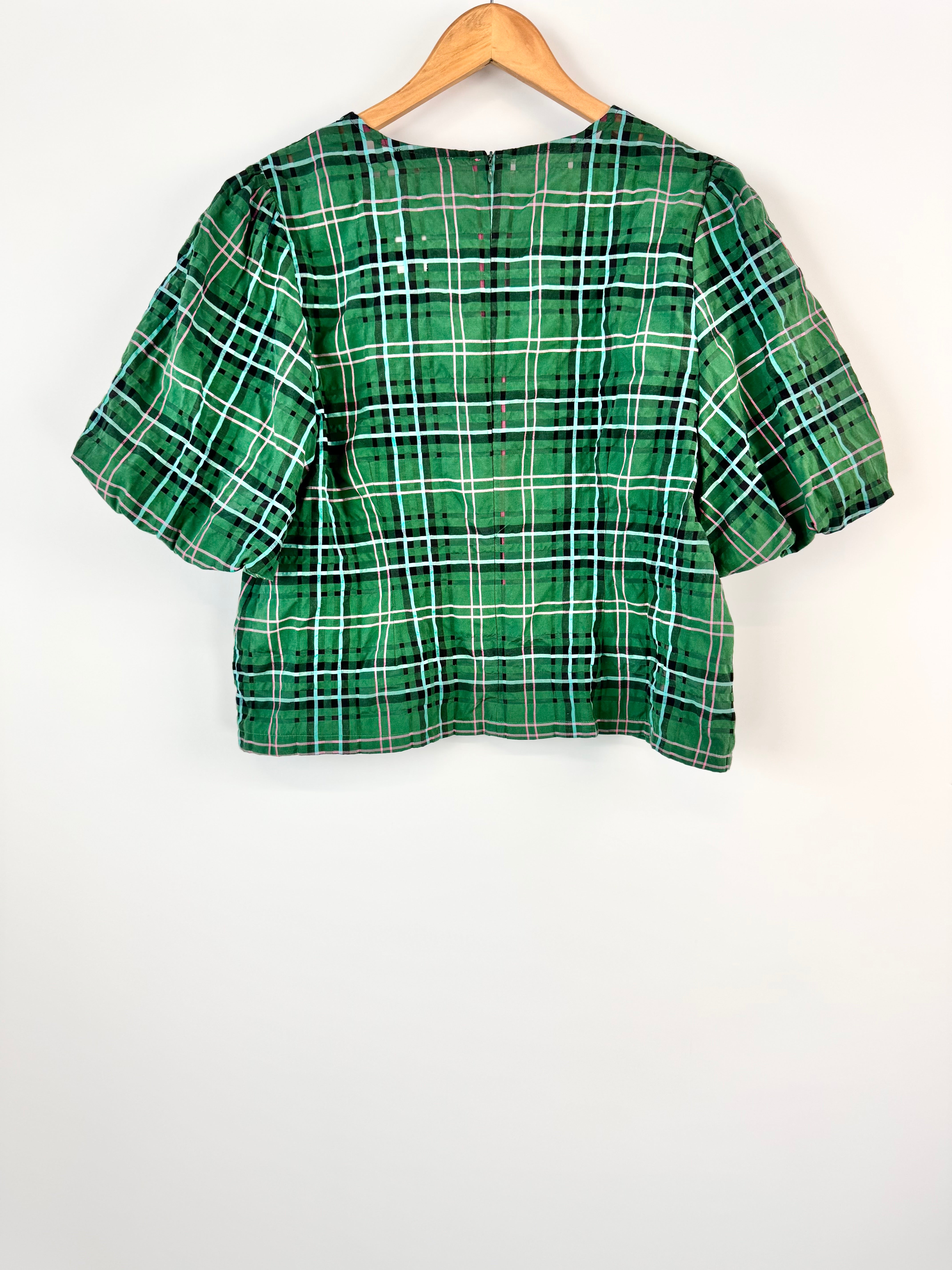 LEONARD ST. PUFFED SLEEVE SEERSUCKER GREEN BLOUSE - AU12
