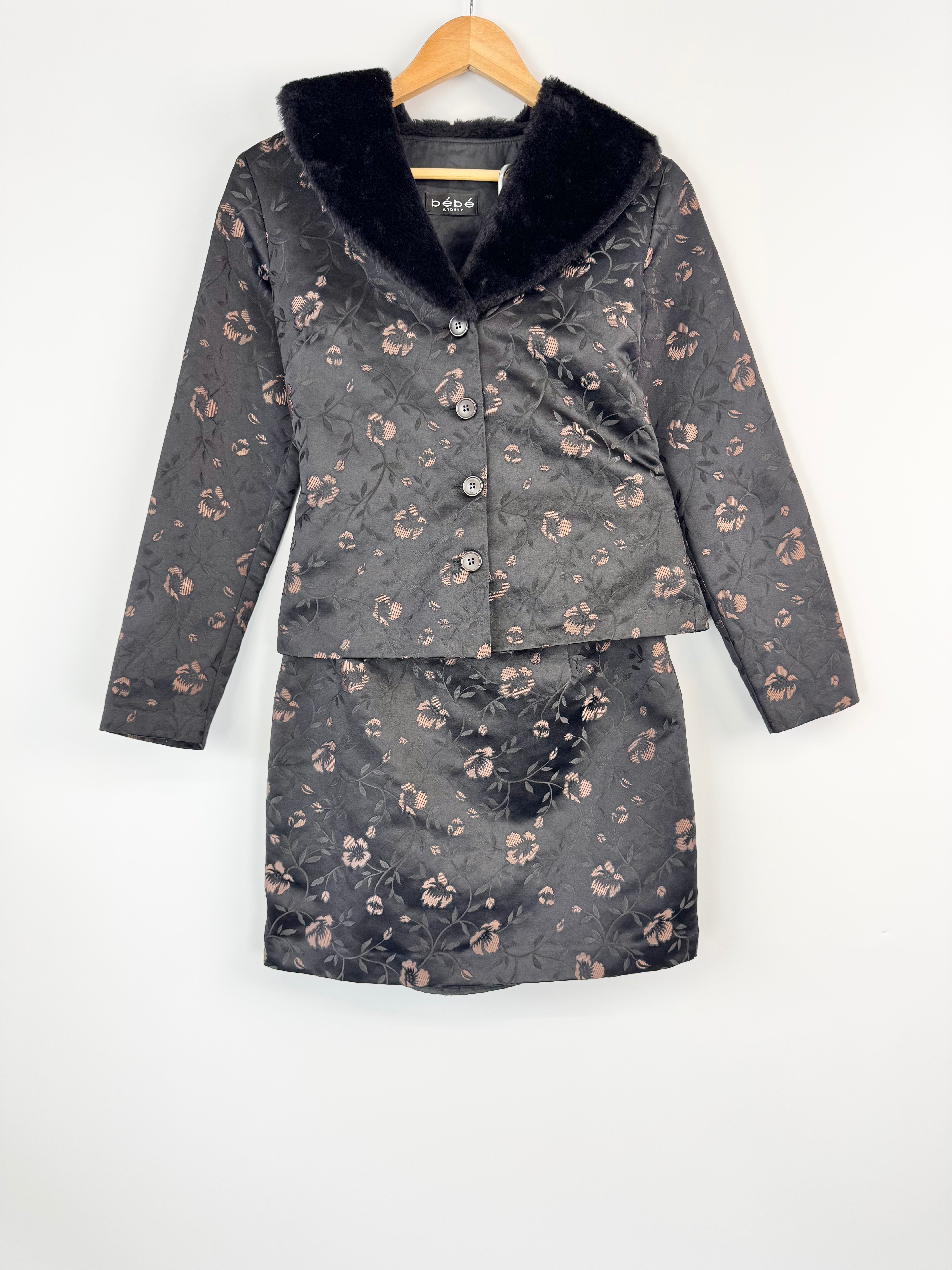 MFW Vintage 90s Bebe Black & Dusty Rose Satin Floral 2 Pce - AU8/10