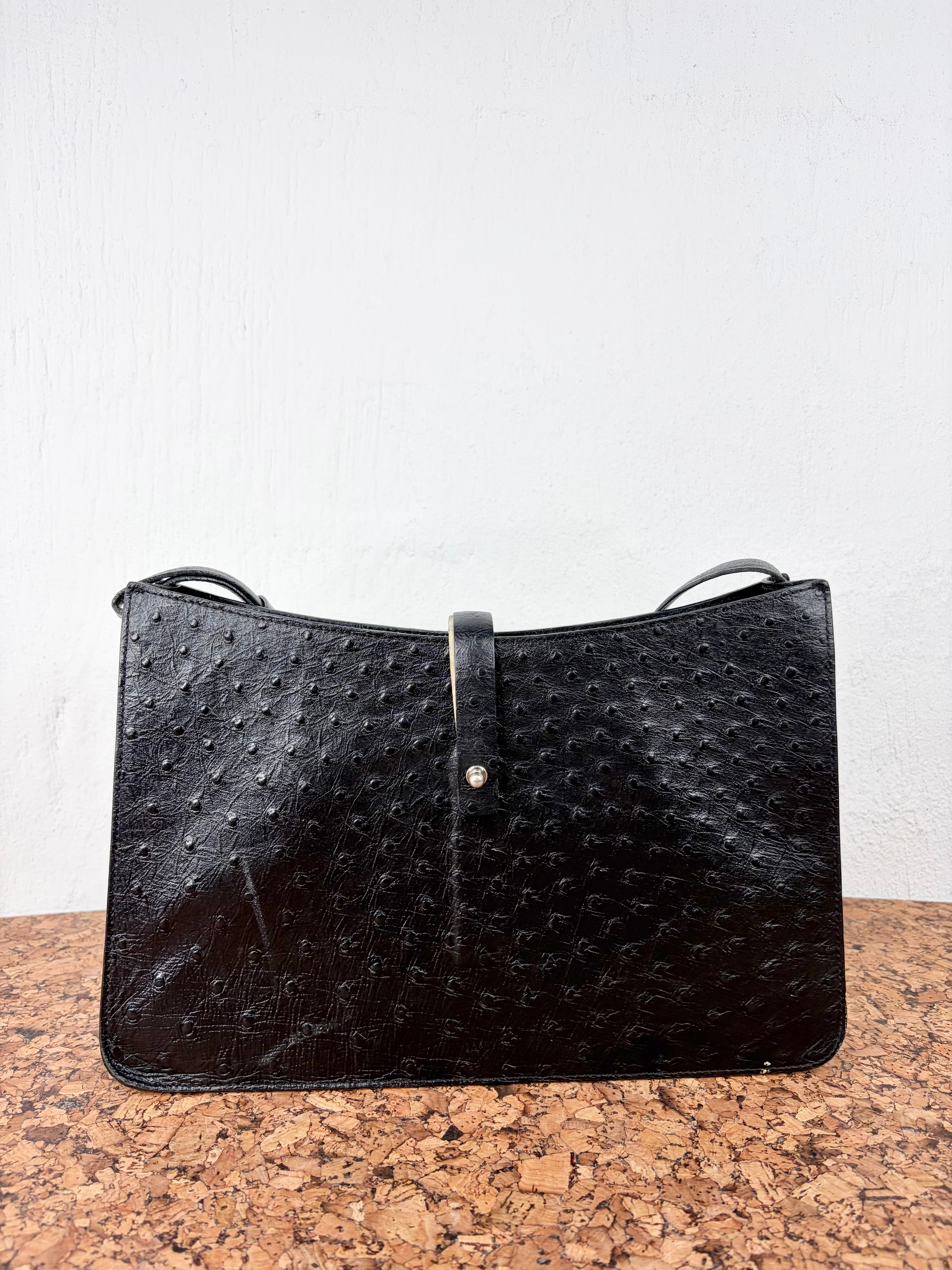 DKNY Black Ostrich Embossed Leather Shoulder Bag