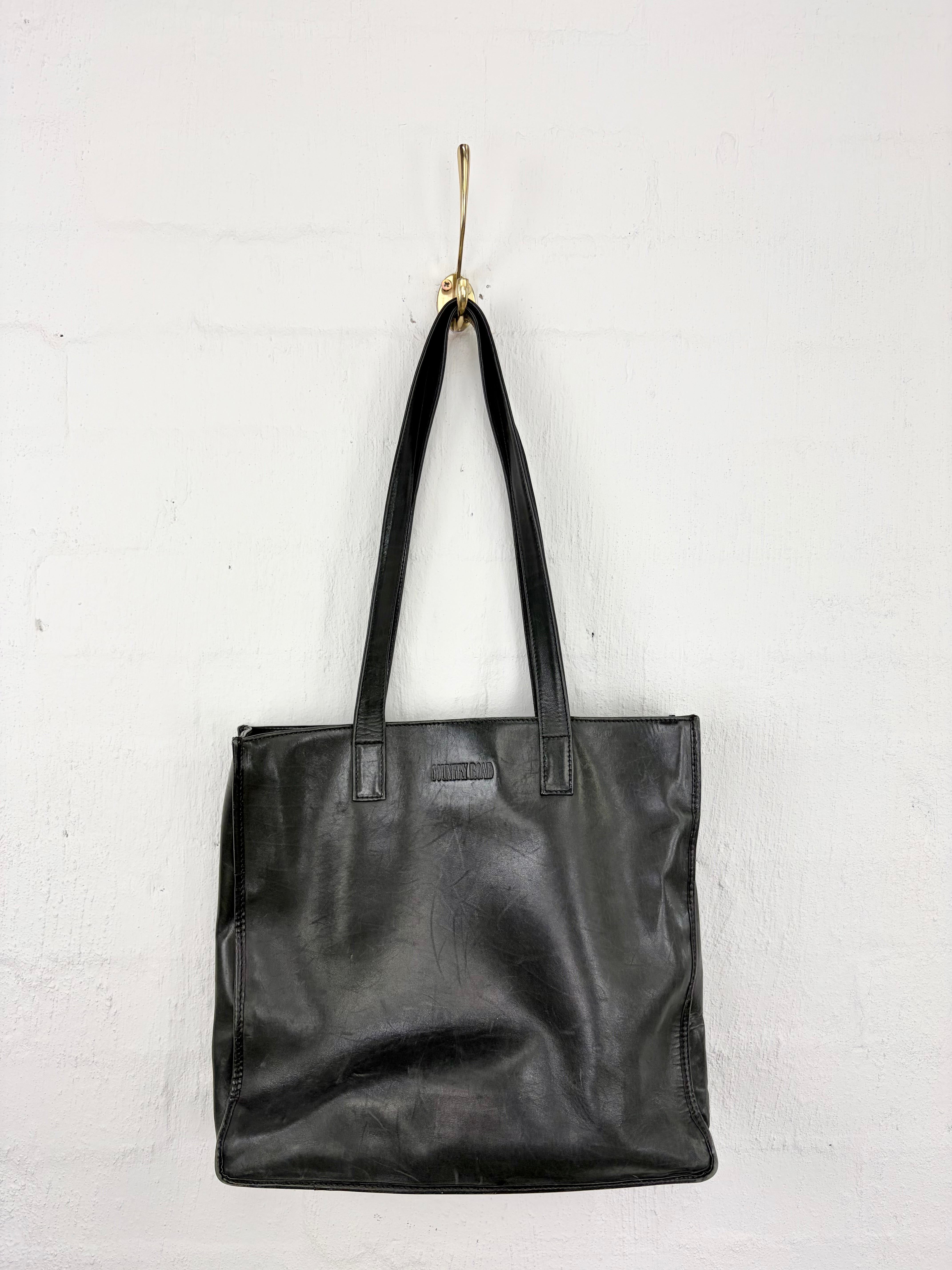 Vintage Country Road Black Leather Tote Bag