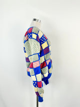 Vintage 70s Blue, Grey & Pink 3D Knitted Cardigan - AU12