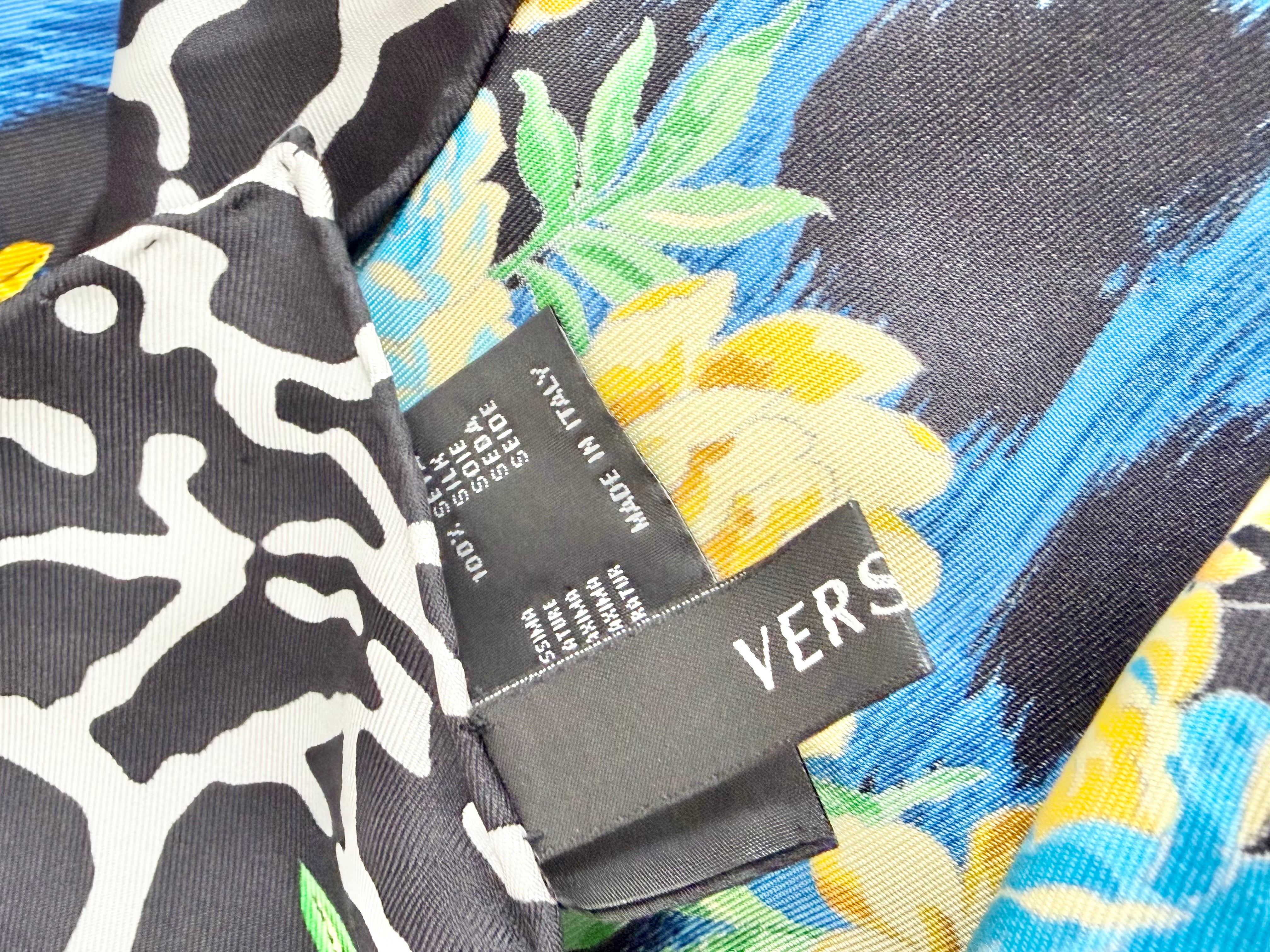 Versace Black Gold & Blue Leopard Print & Brocade Patterned Hand-Rolled Silk Scarf