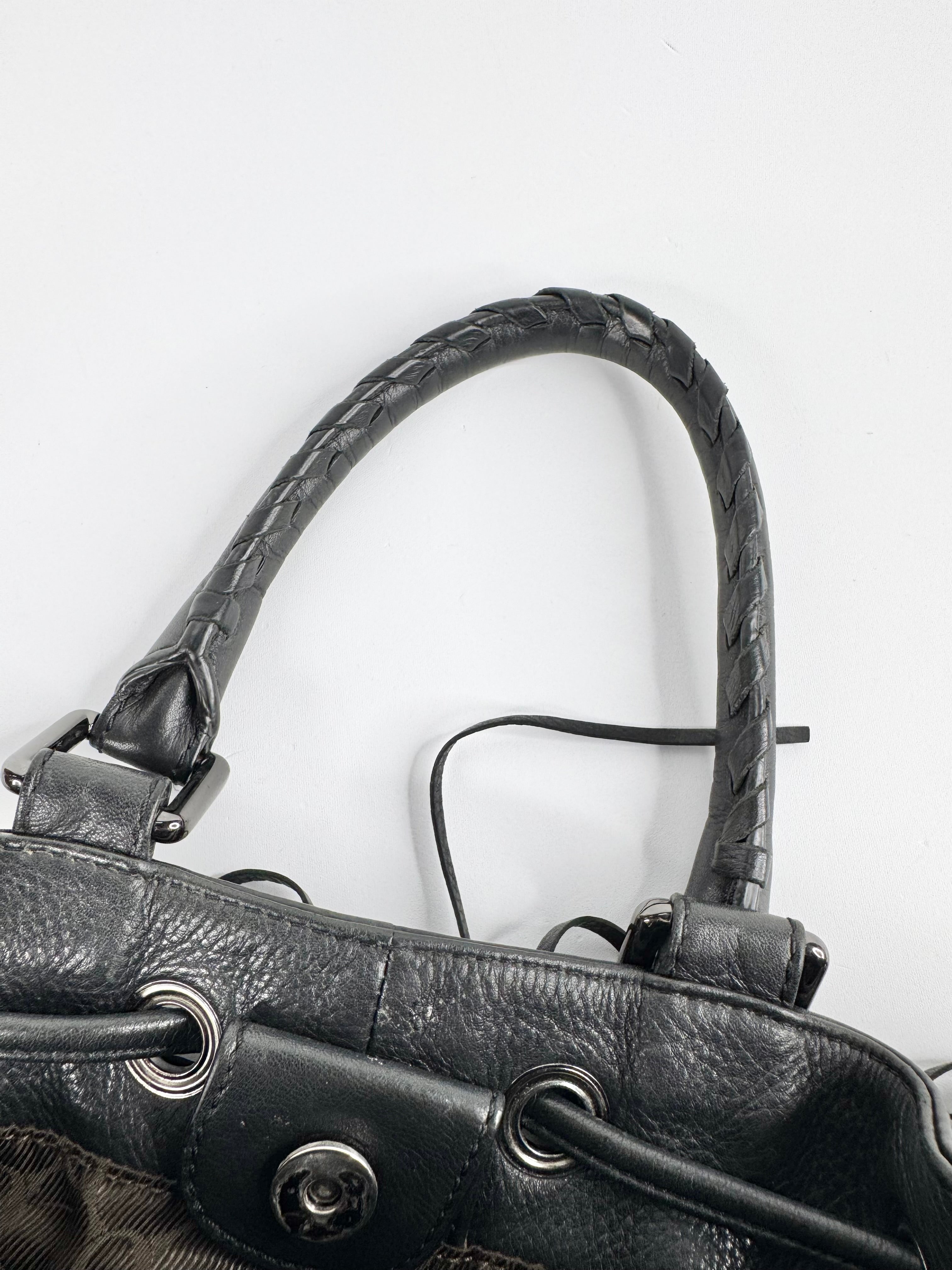 Oroton Black Grained Leather Fringe Trim Handbag