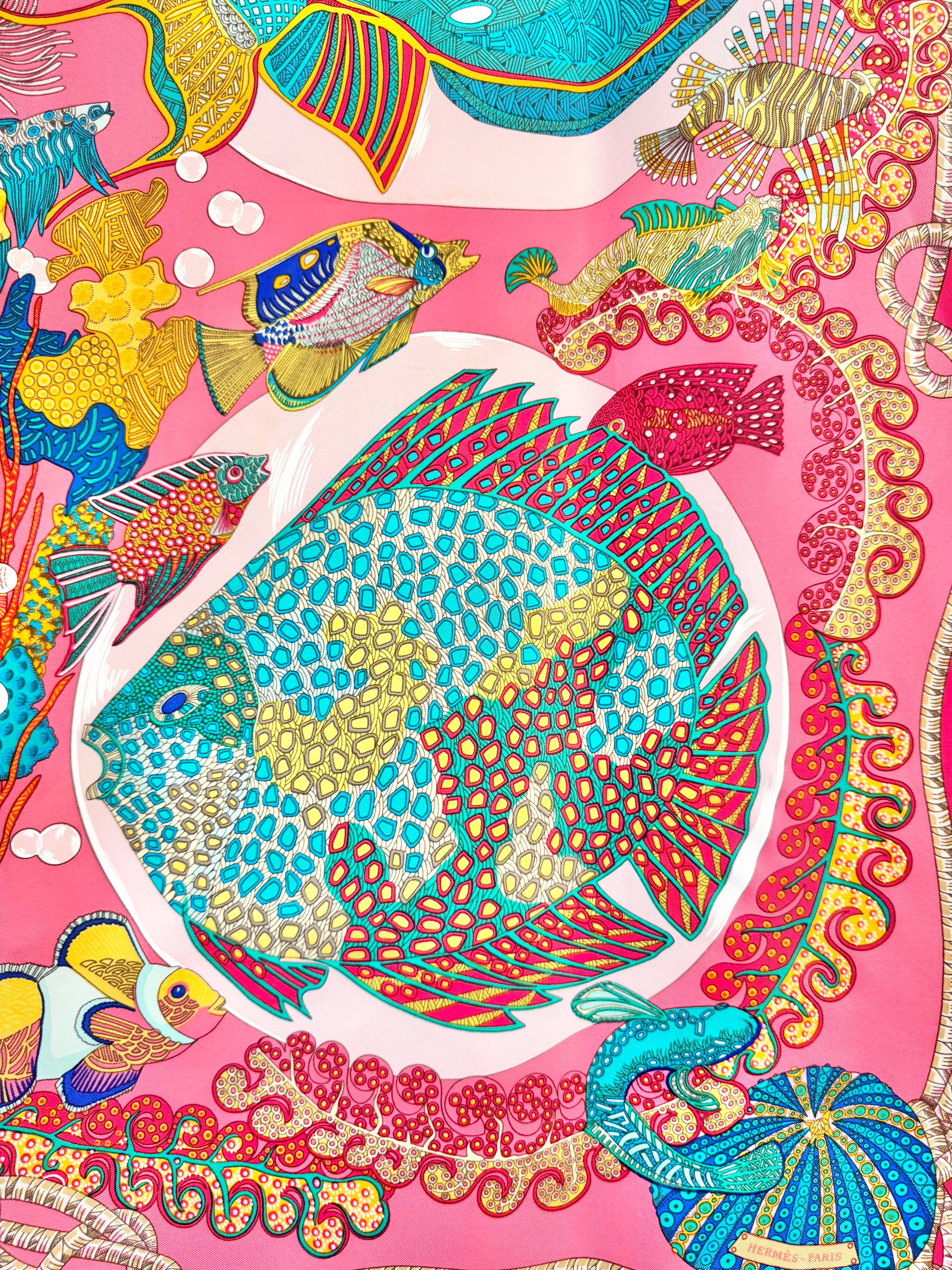 Hermès Cerise Pink Accordian Fish Silk Scarf