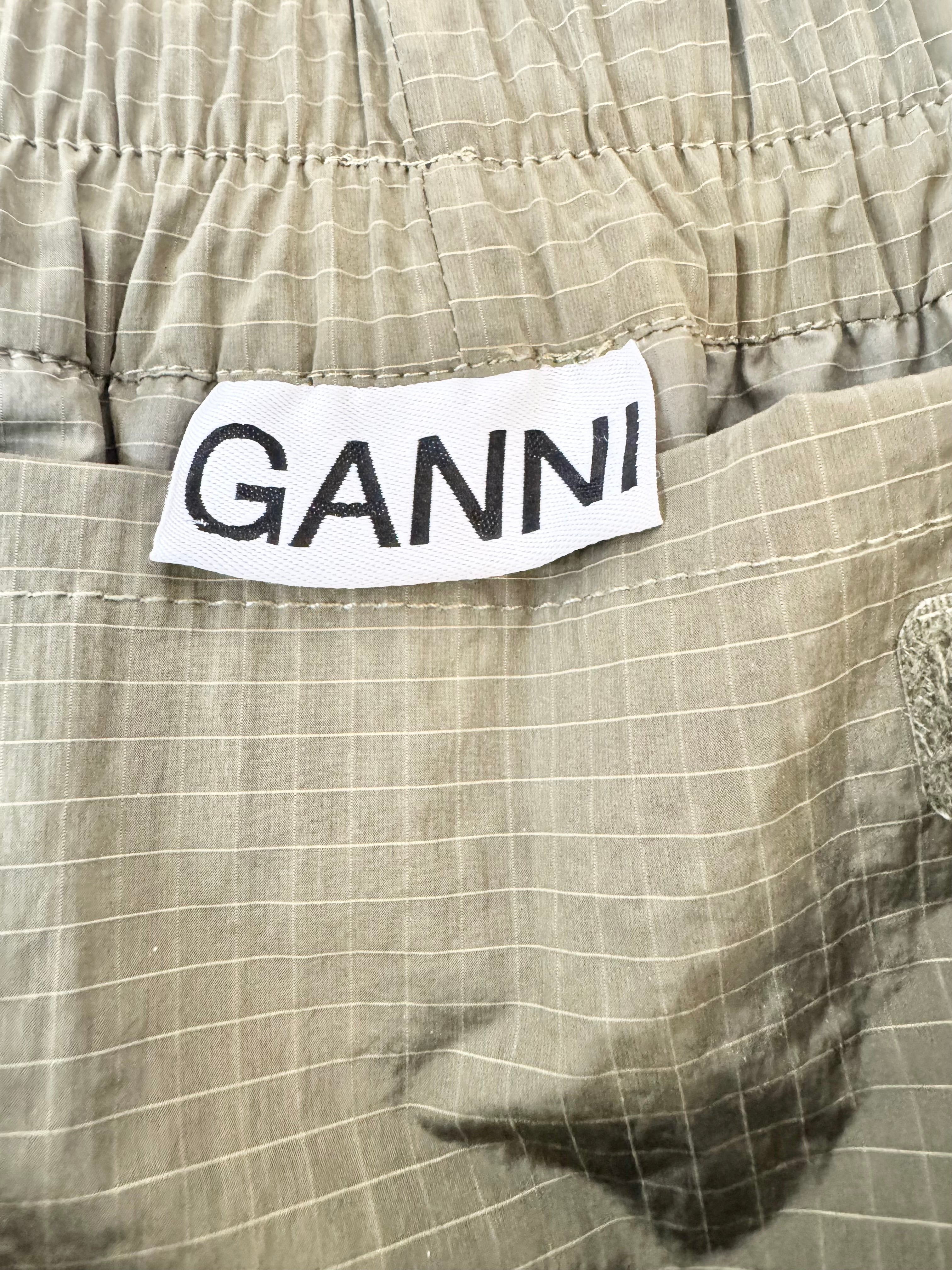 Ganni Khaki Crinkle Grid Pattern Tracksuit Pants - AU10/12