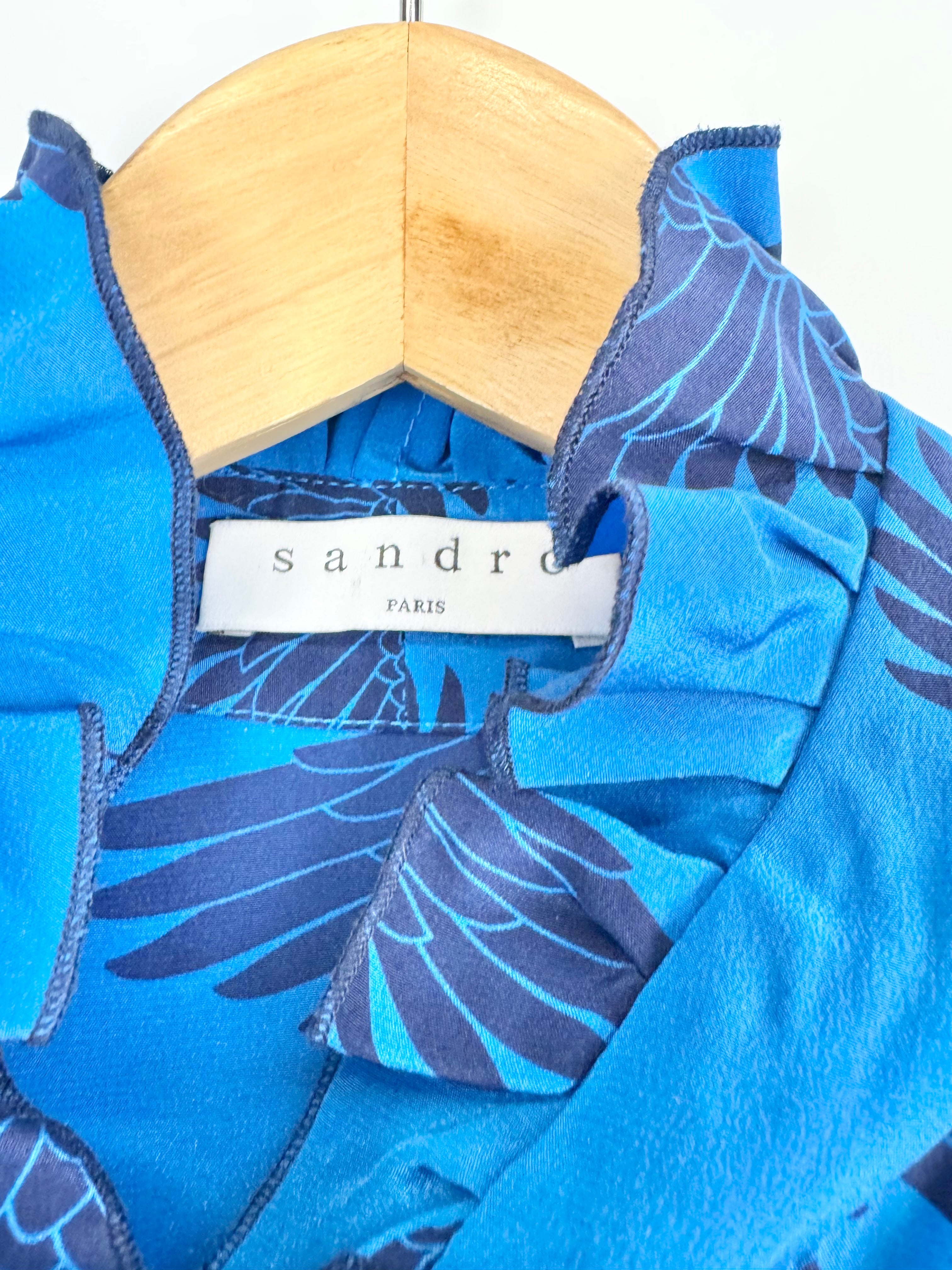 Sandro Paris Blue Crane Print Silk Dress - AU8/10