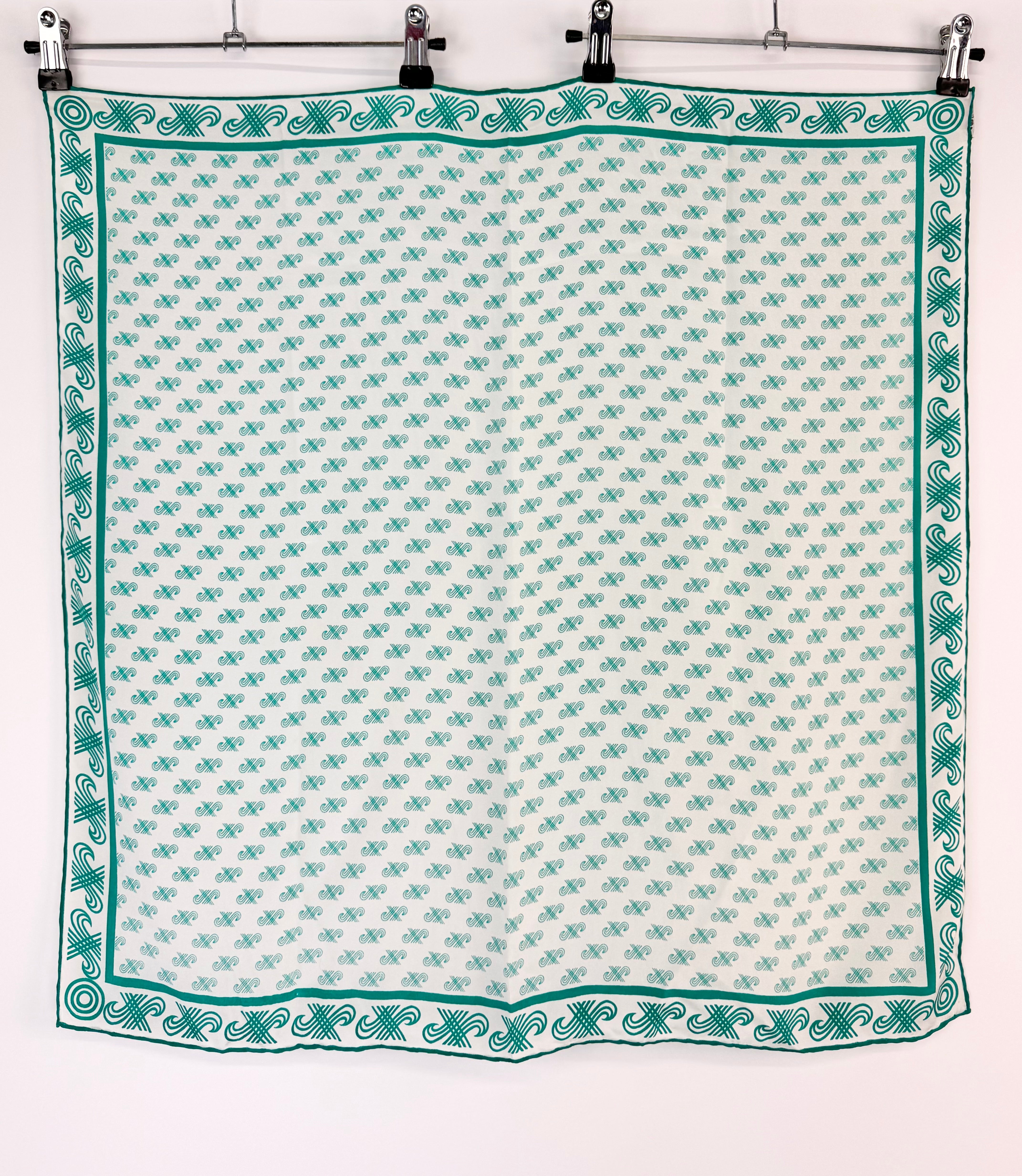 Vintage Jaeger White & Teal Swirled Motif Silk Scarf