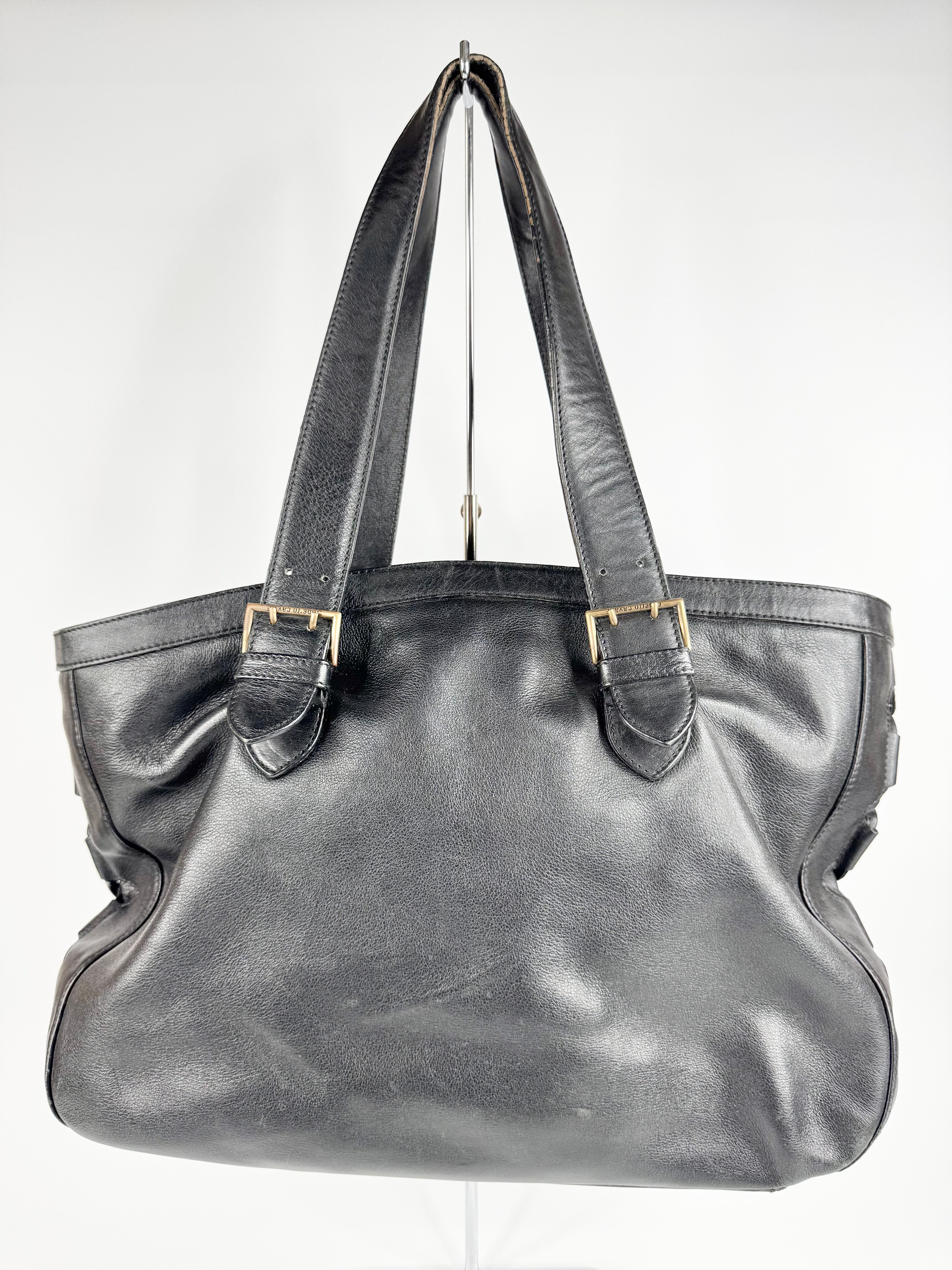 Roberto Cavalli Black Leather Corset Laced Tote Bag