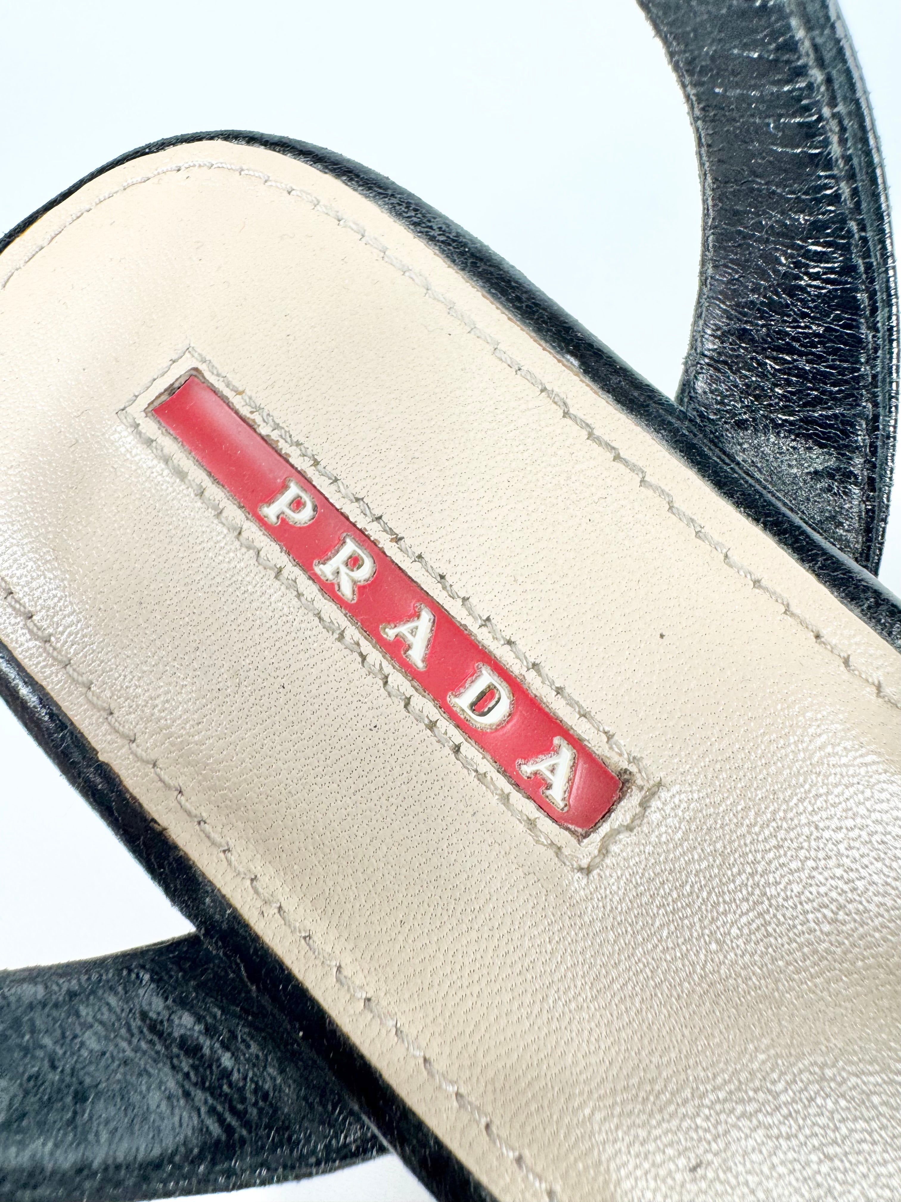 Prada Black Leather Peep Toe Cork Wedge Sandals - EU37.5