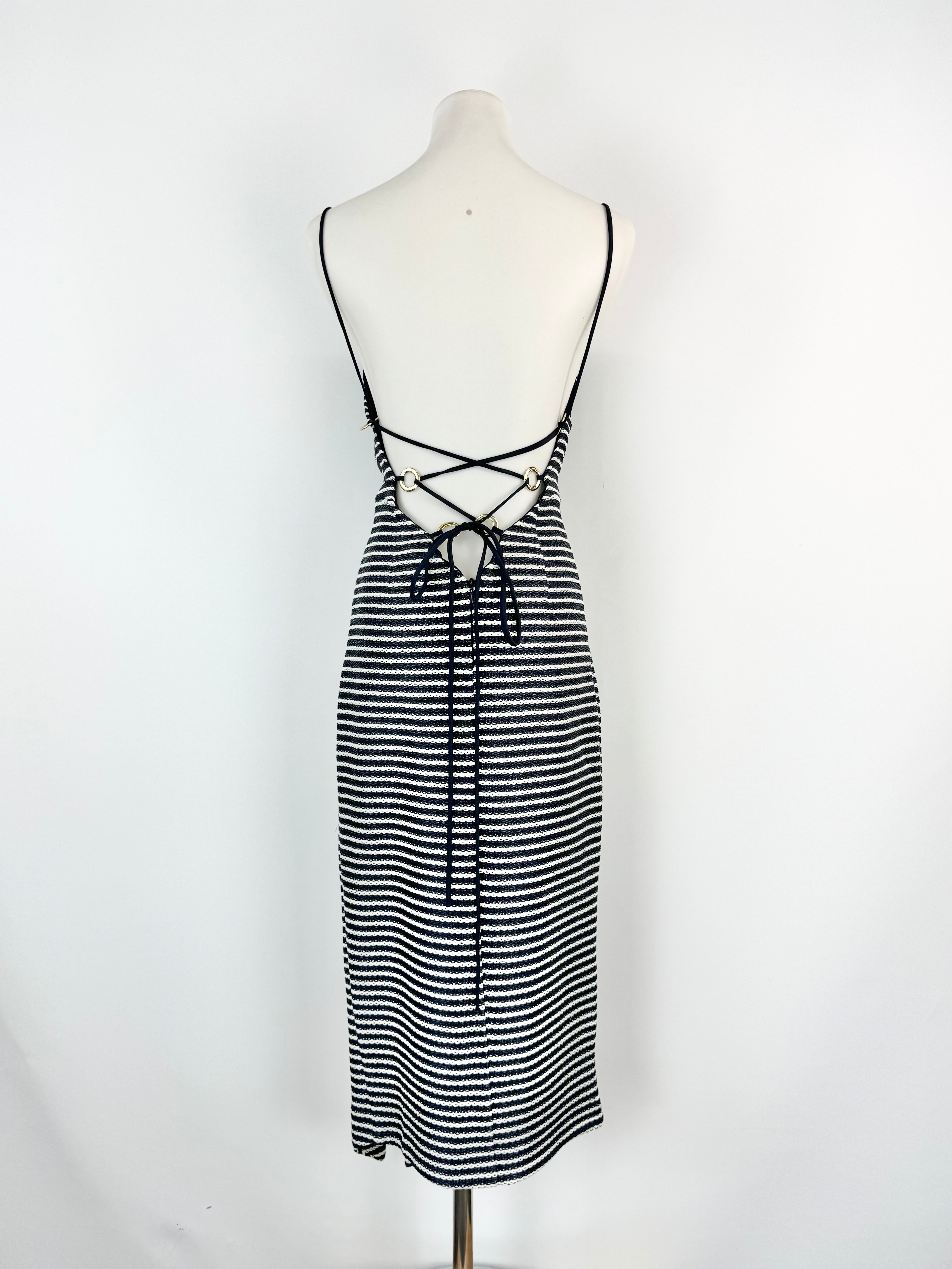 Shona Joy Navy & White Weave Spaghetti Strap Dress - AU6