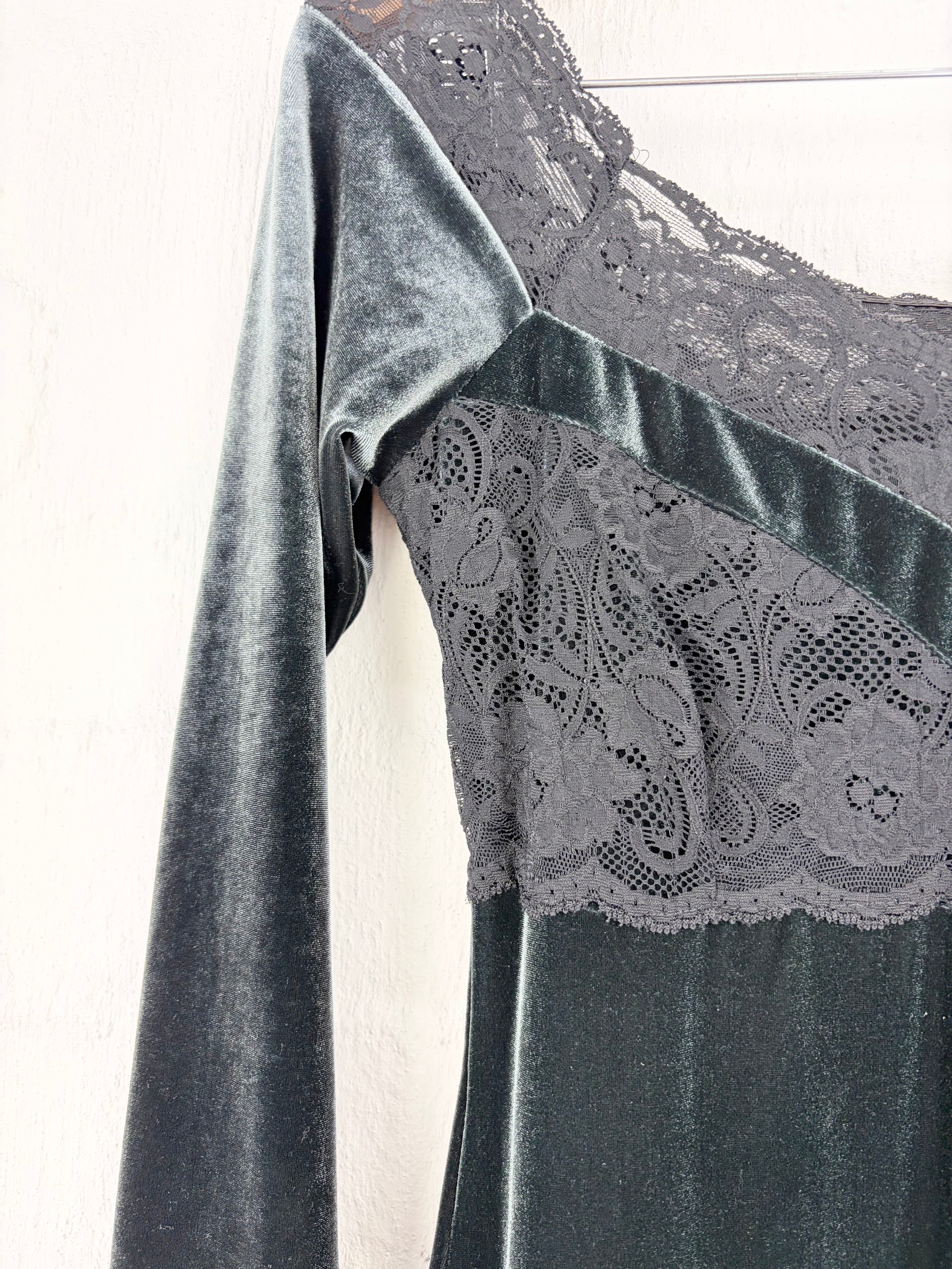 Gerry Shaw Pine Green & Black Lace & Velvet Maxi Dress - AU10