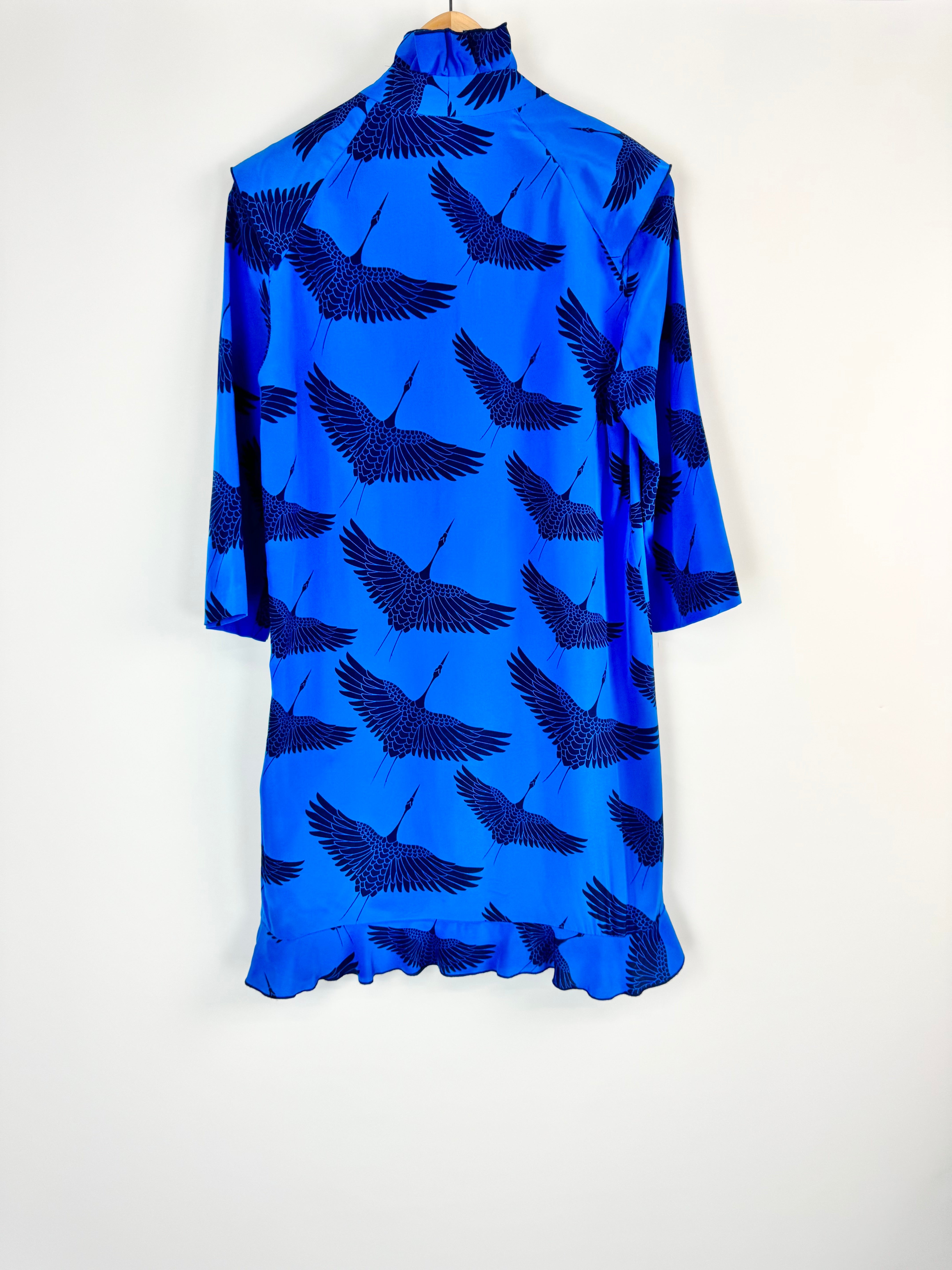 Sandro Paris Blue Crane Print Silk Dress - AU8/10