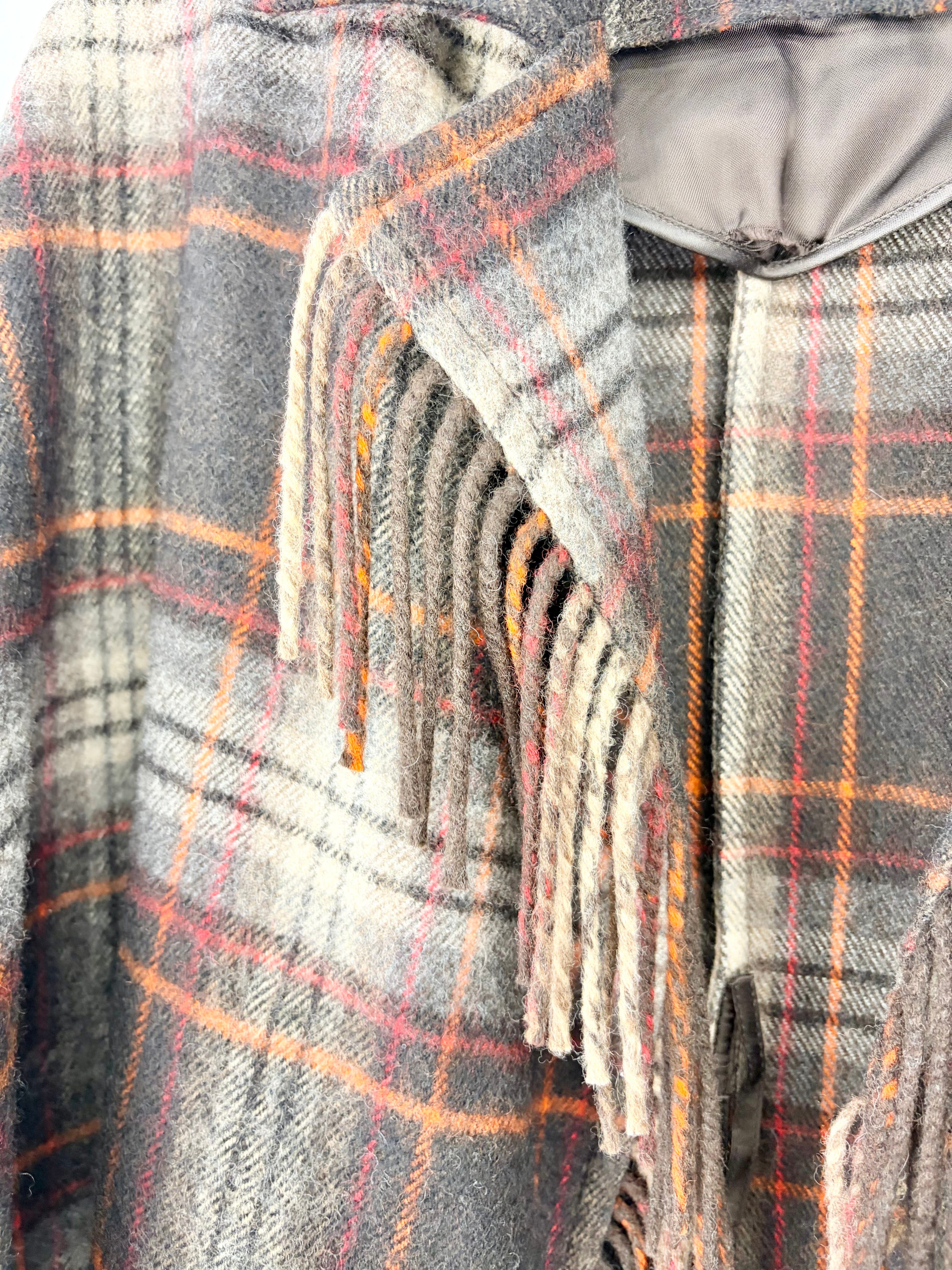 Ermanno Scervino Expresso Plaid Wool Fringed Poncho - AU8/10