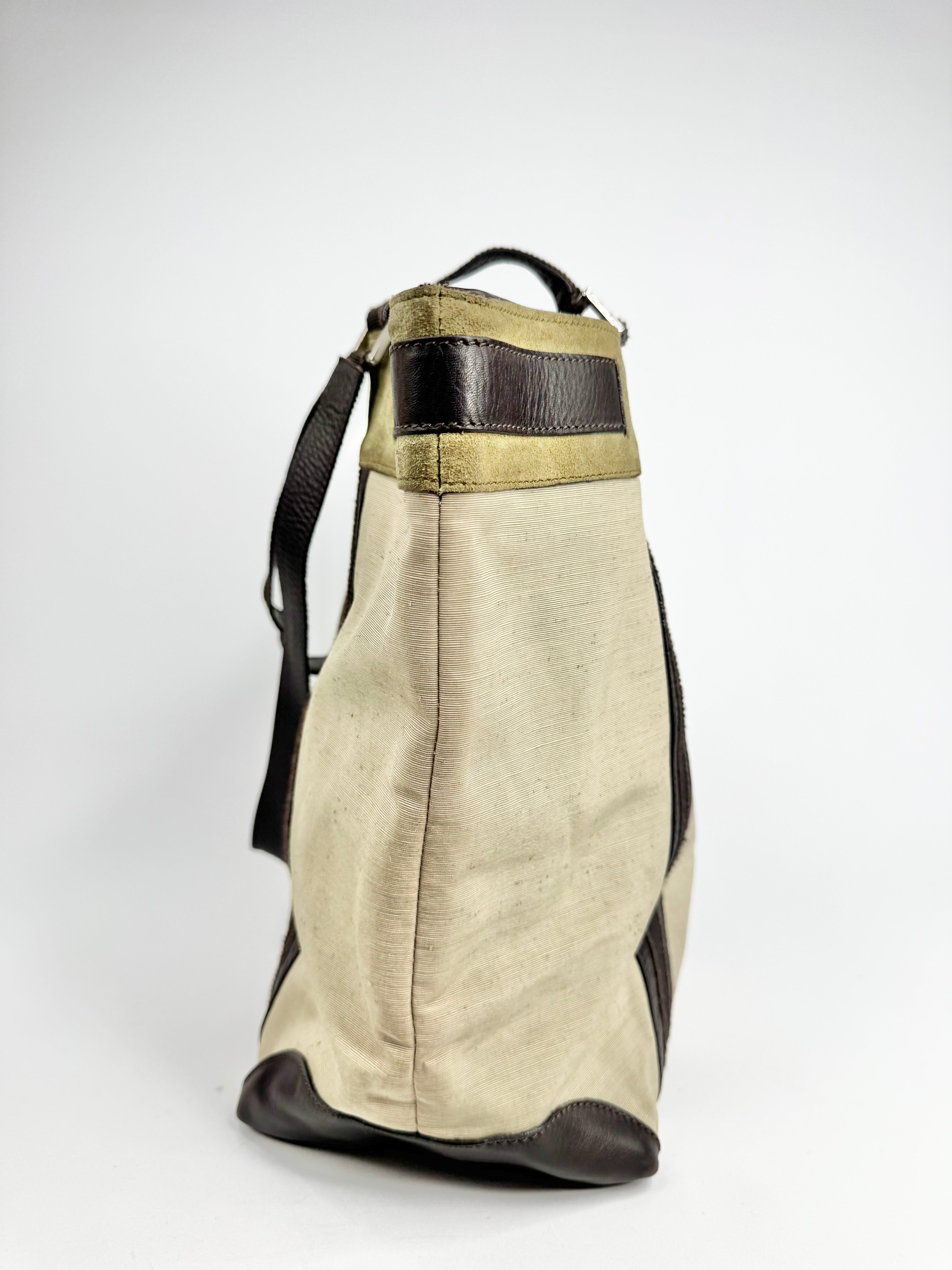 Vintage Max Mara Khaki Leather & Fabric Tote