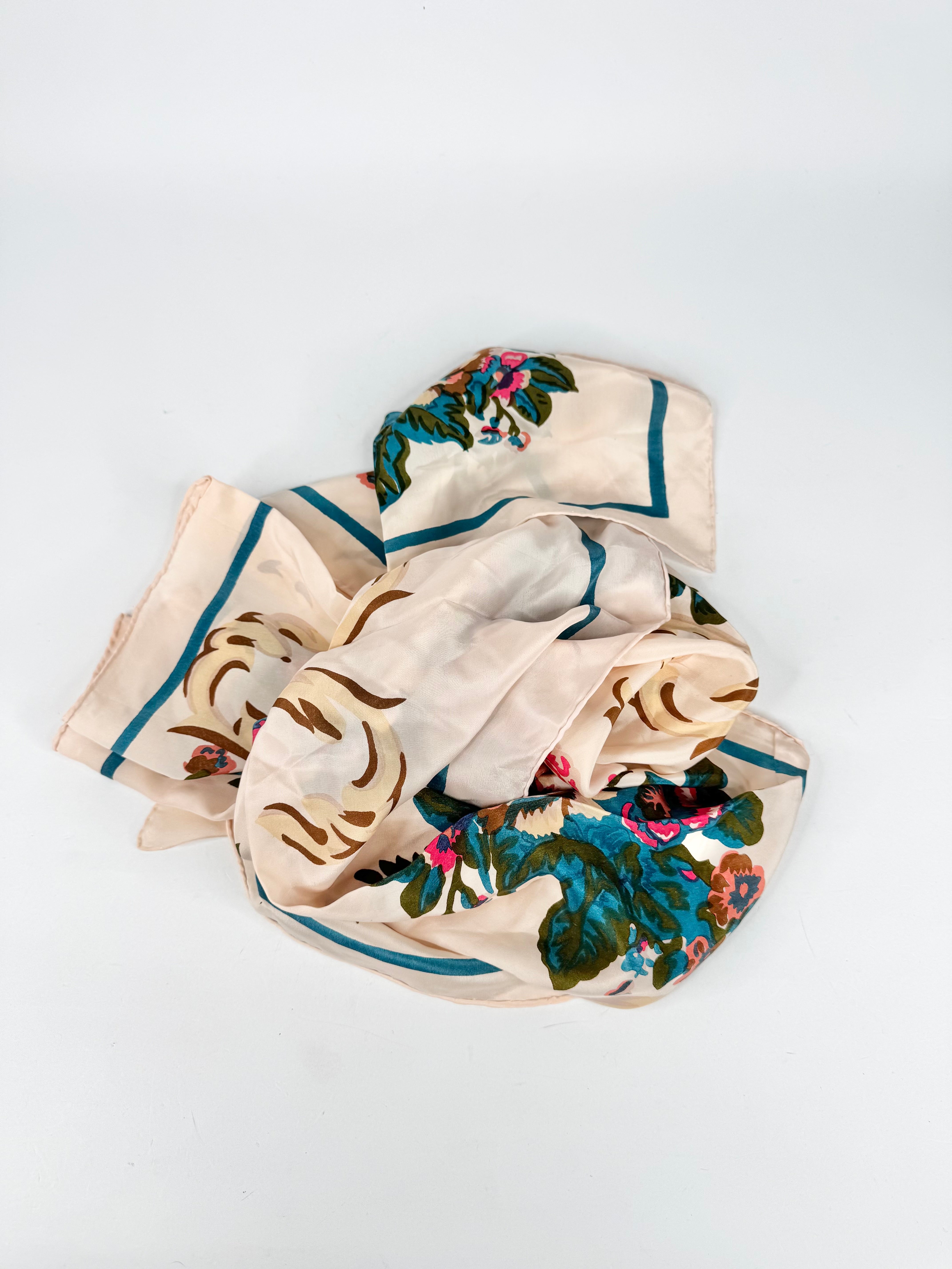 Beige Floral Large Square Silk Scarf