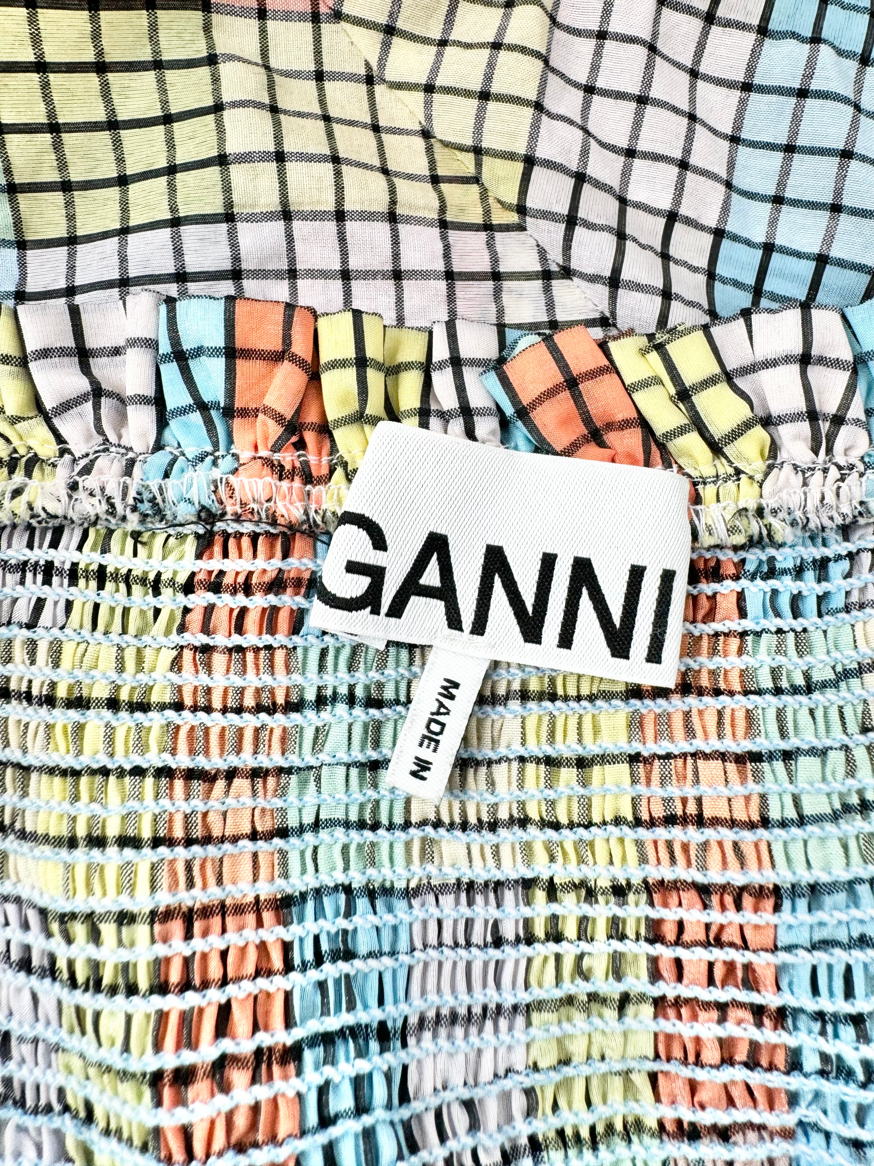 Ganni Pastel Plaid Seersucker Maxi Dress - AU12