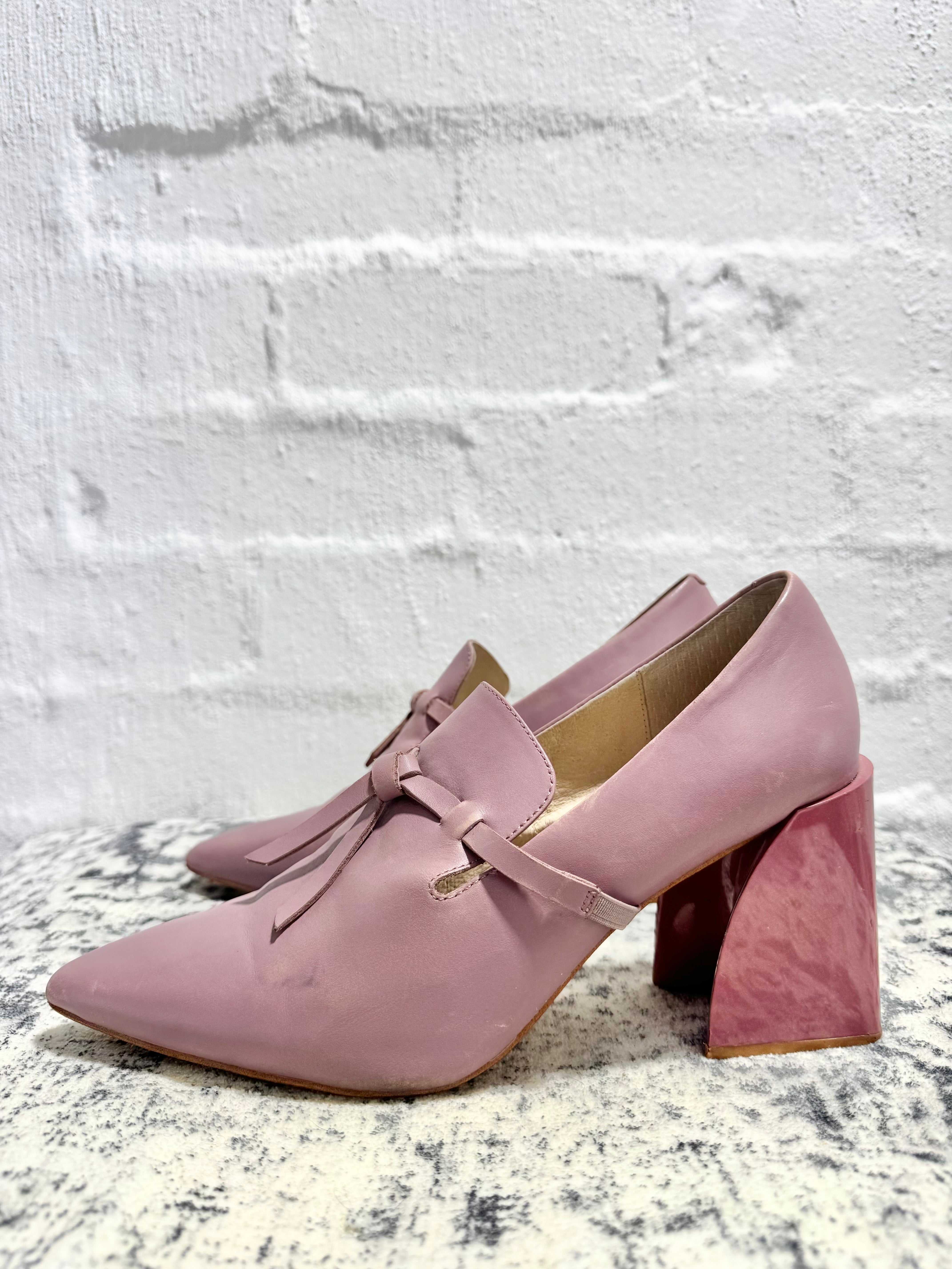Mi Piaci Dusty Pink Leather Pointed Toe Block Heel Pumps - EU39