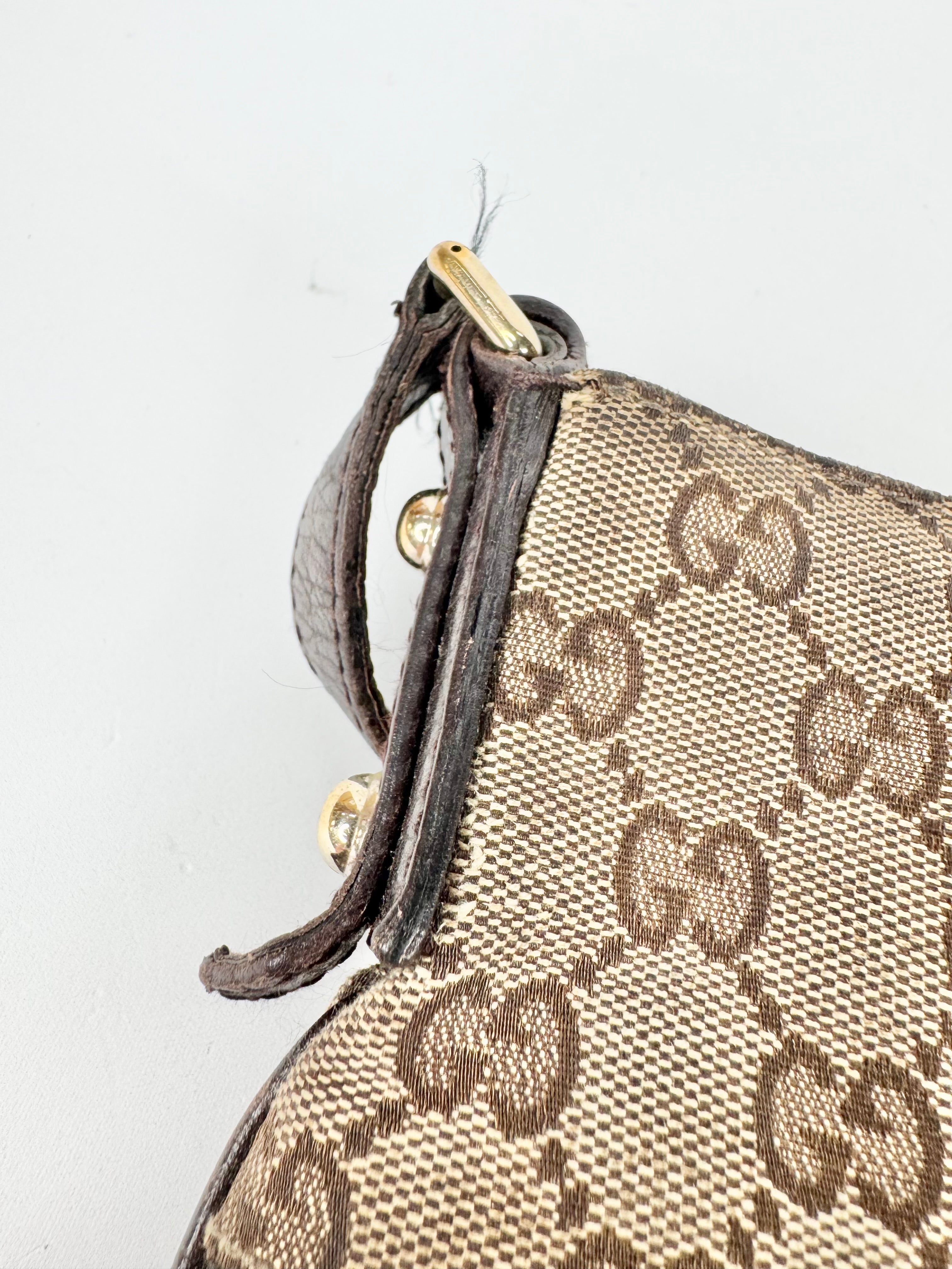 Vintage Gucci GG Canvas Horsebit Sherry Line Shoulder Bag Brown Beige