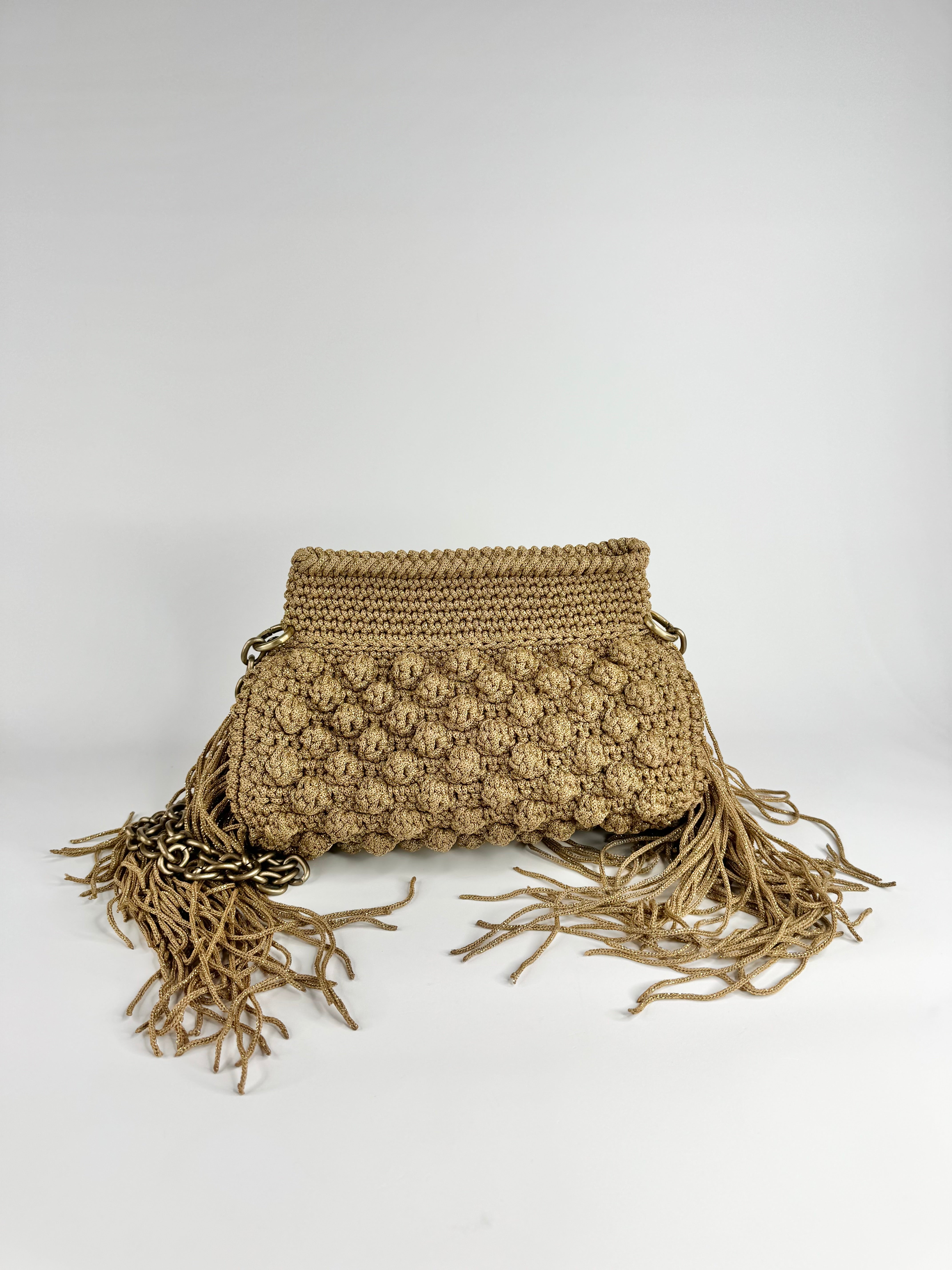 Lulu by Liana K Raffia Crochet Beige & Gold Fringed Bag