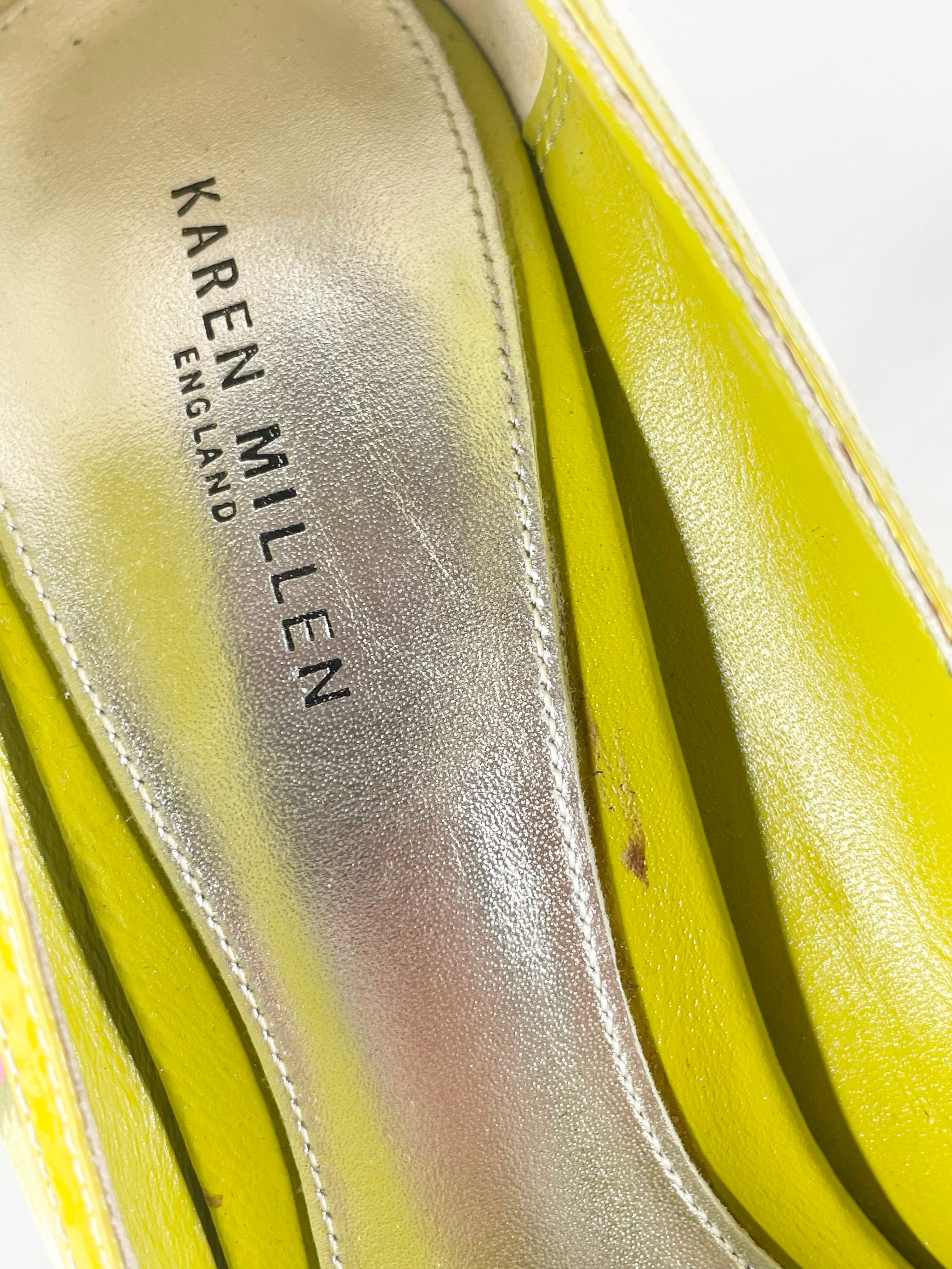 Karen Millen Lime Green Floral Leather Peep-Toe Pumps - EU39