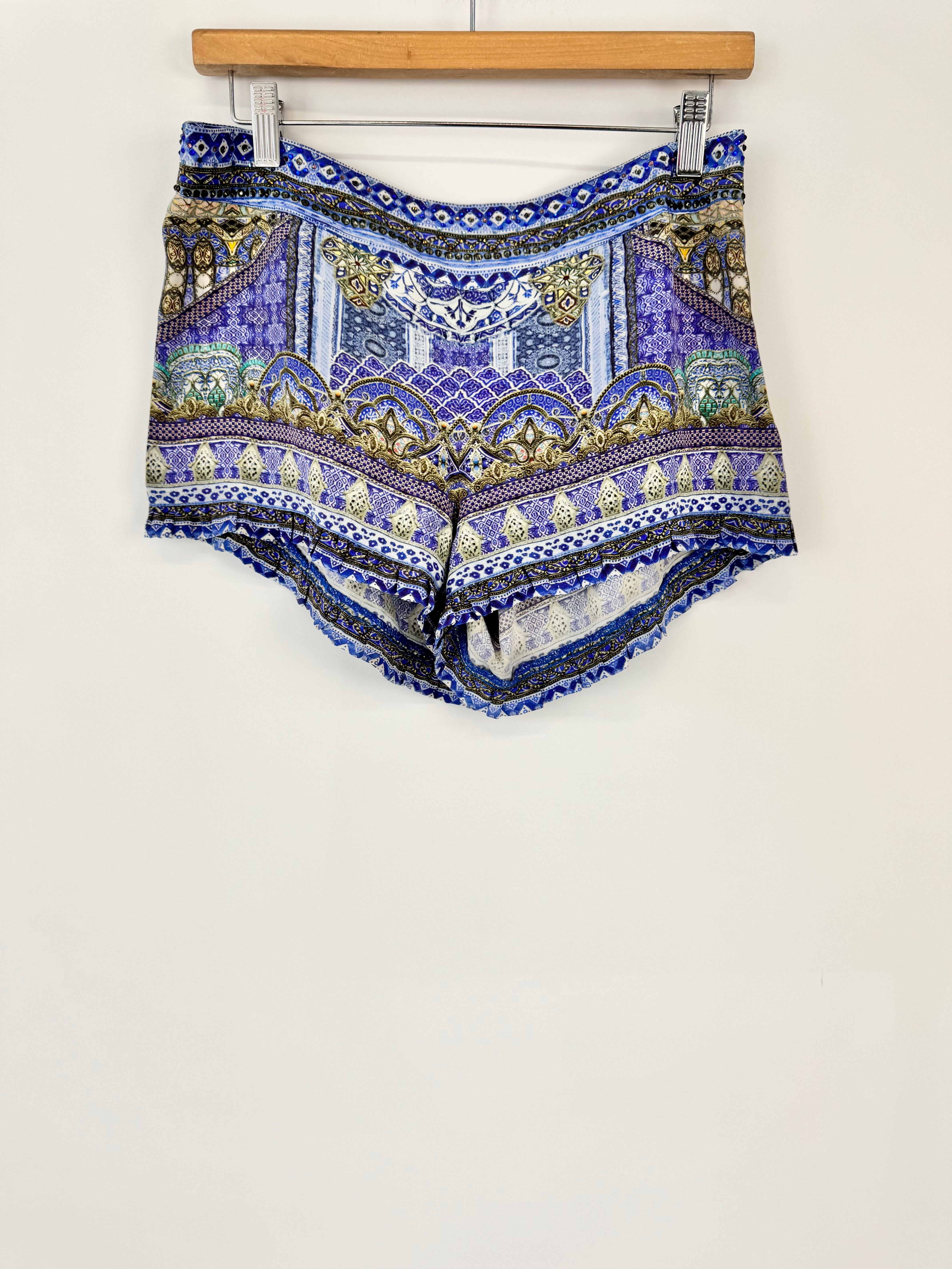 Camilla Blue Graphic Pattern 'Boheme' Silk Ruffle Trim Short Shorts - AU10