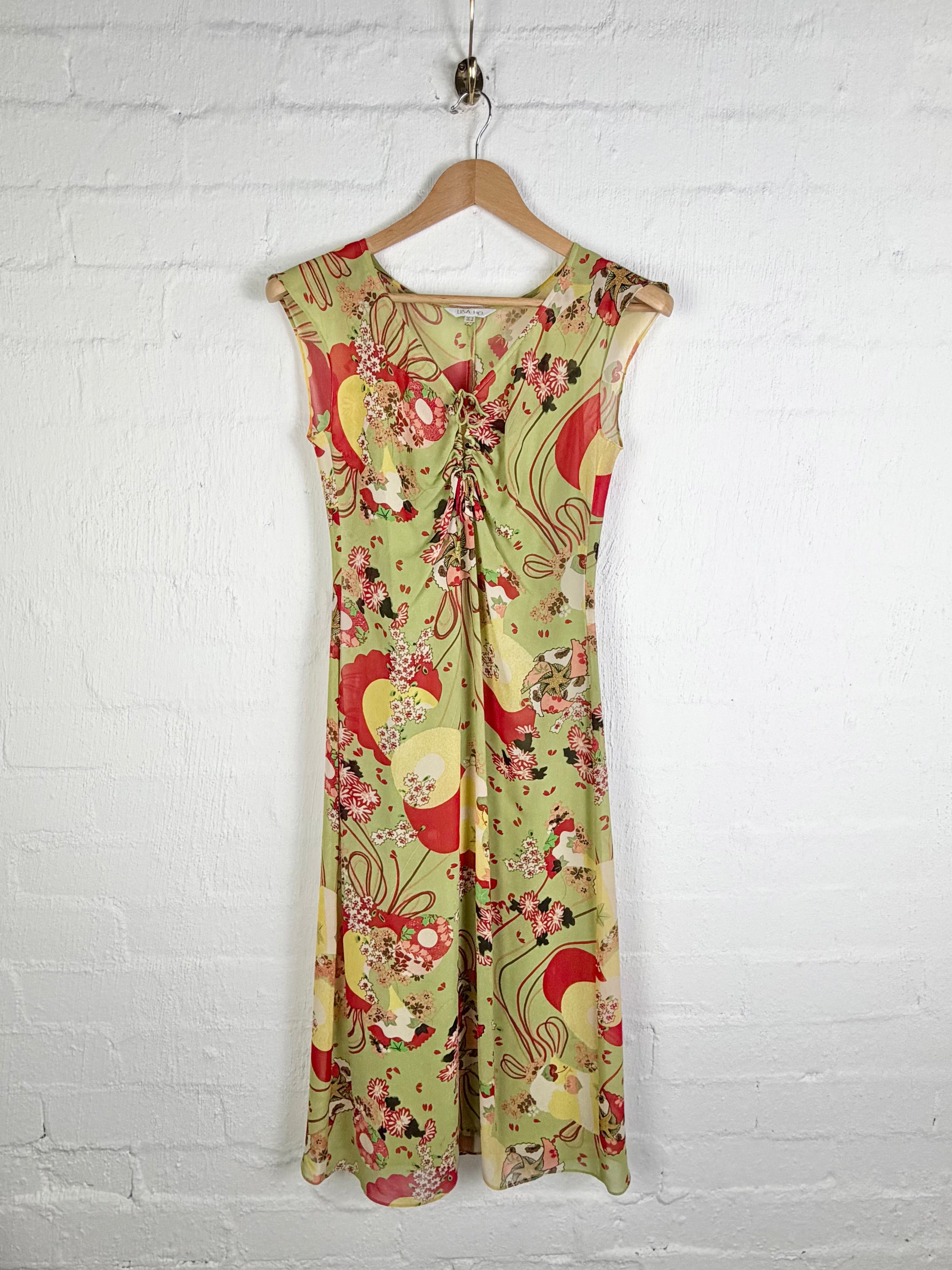 Lisa Ho Green Silk Ruched Midi Dress - AU10