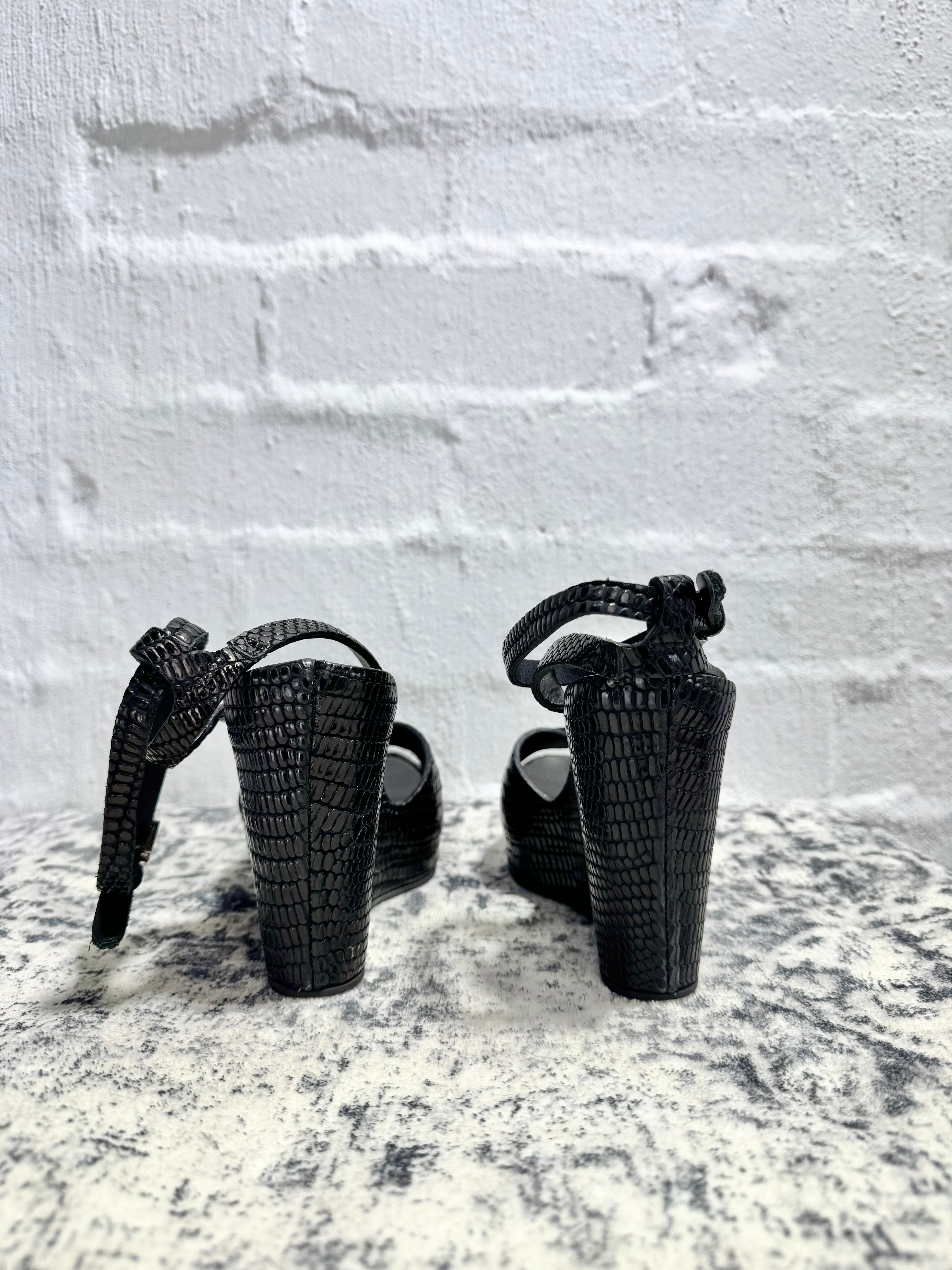 Bianca Buccheri Black Reptile Embossed Peep Toe Wedges - EU37
