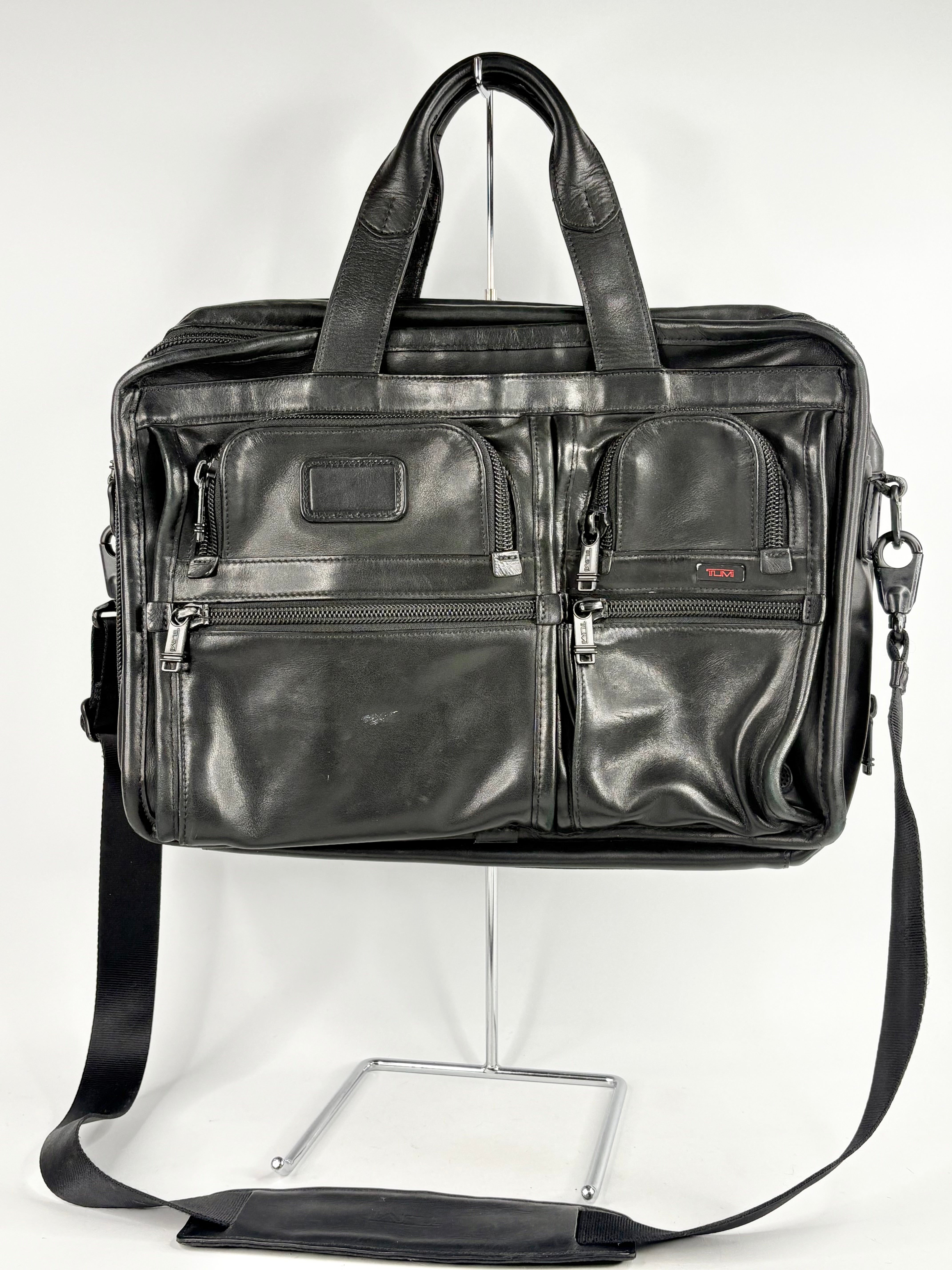 Tumi Black Leather Accordion-Style Messenger Briefcase