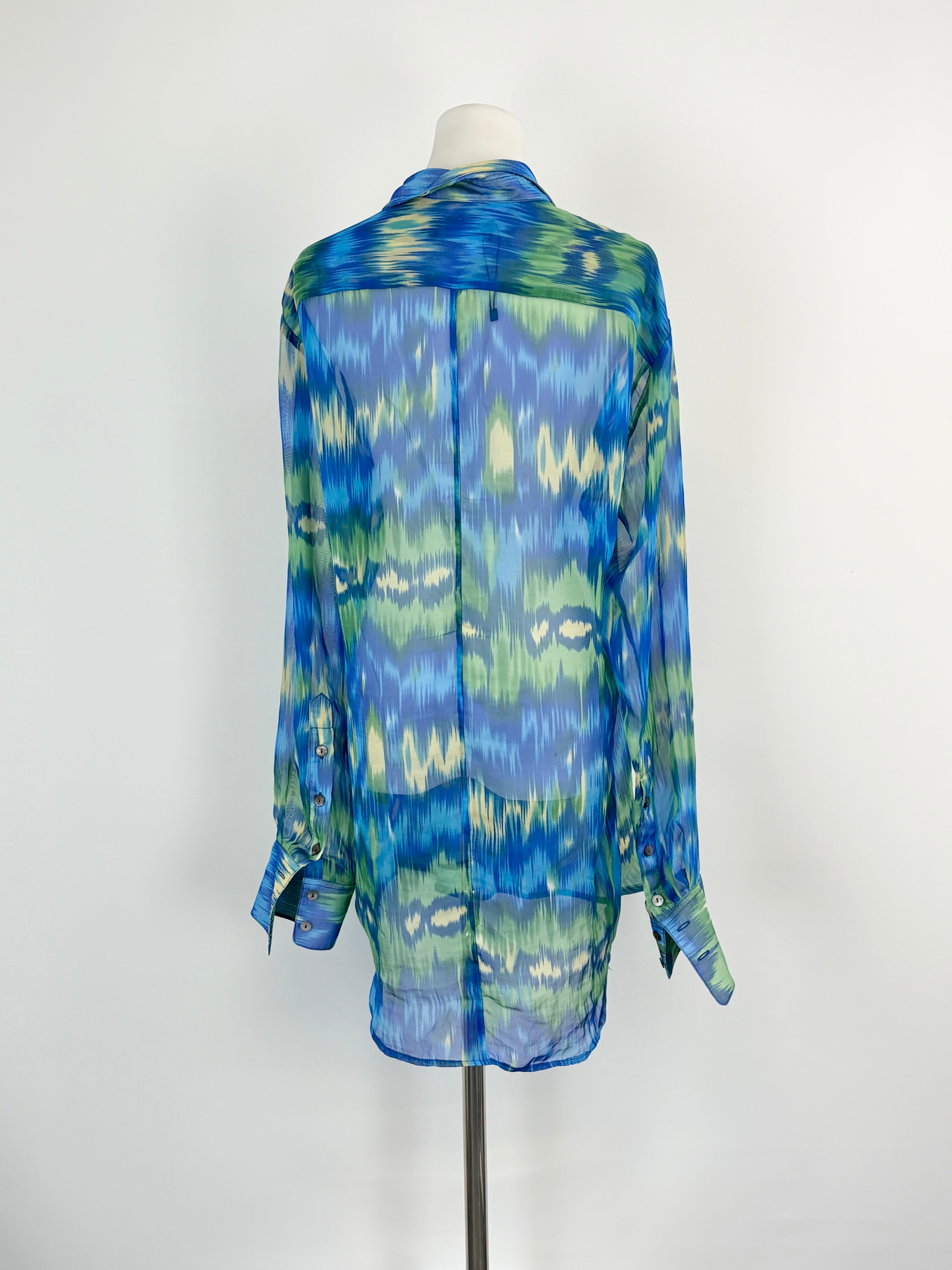 Ermanno Clothing Blue & Green Sheer Silk Shirt - AU8/10
