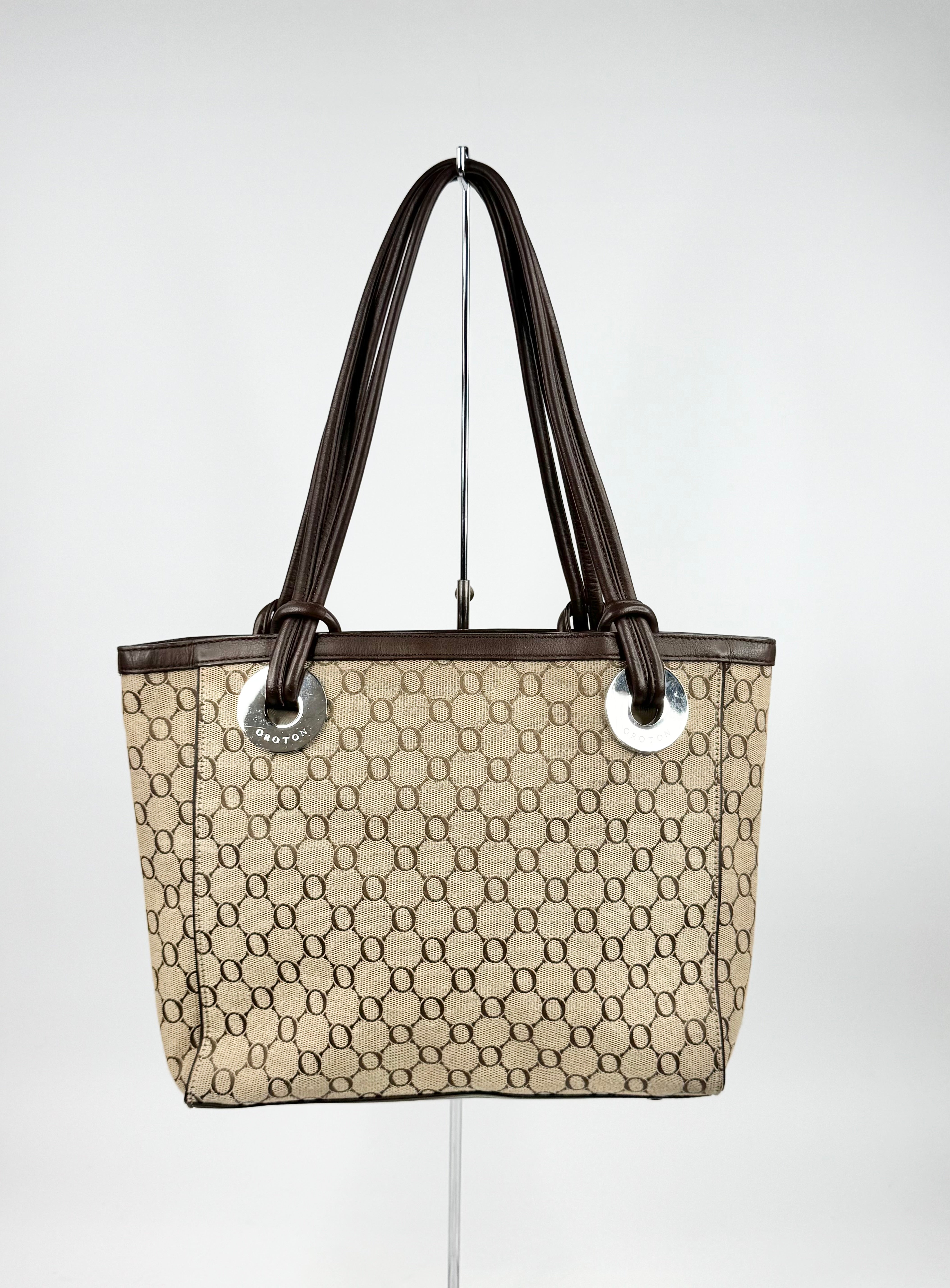 Oroton Beige & Brown Monogramed Tote Bag