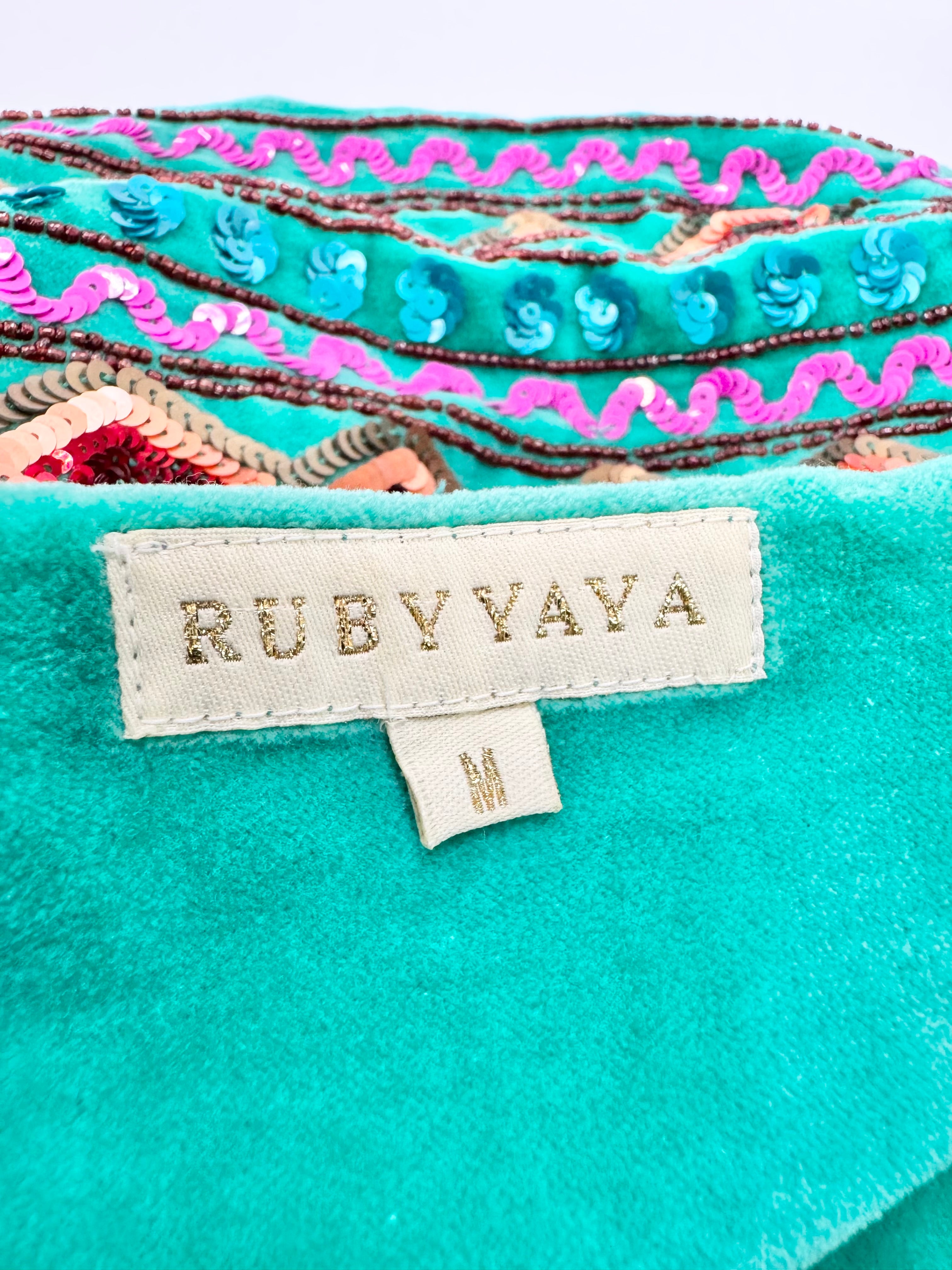 Rubyaya Embroidered & Sequined Teal Velvet Jacket - AU10