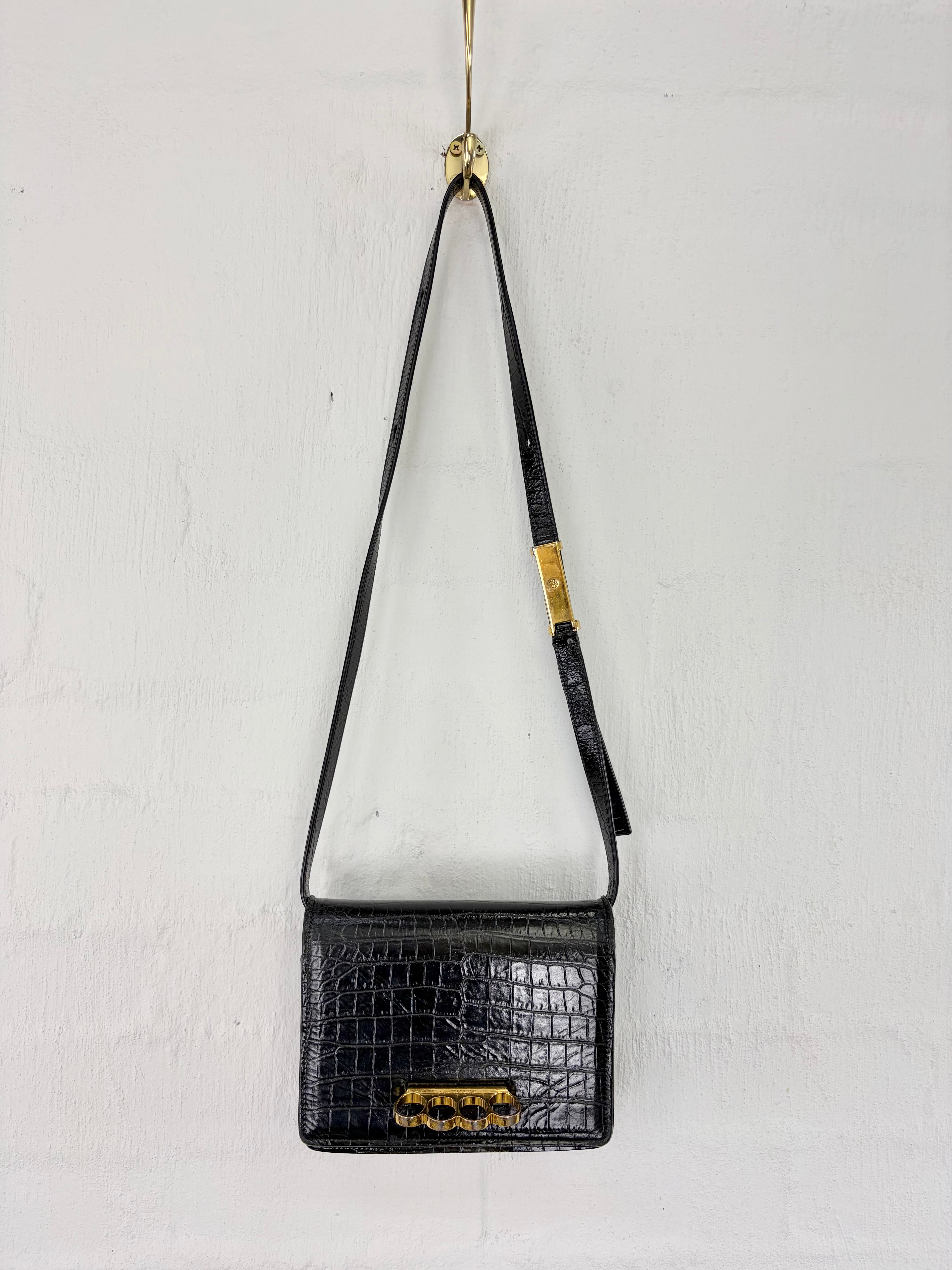 Alexander McQueen Black Croc Embossed 4 Ring Satchel