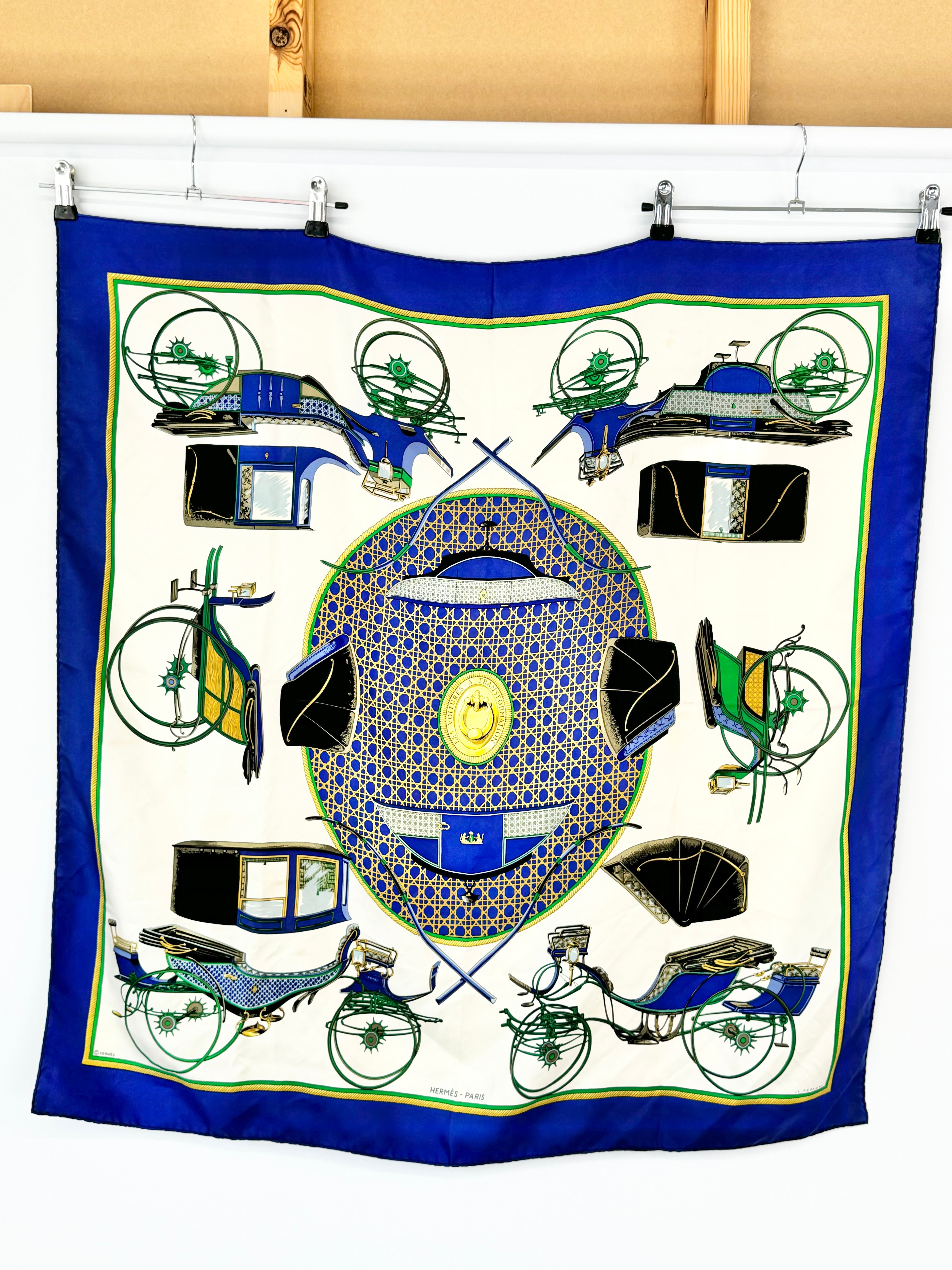 Hermès Scarf Carré ‘les voitures à transformation’ Blue Silk Scarf