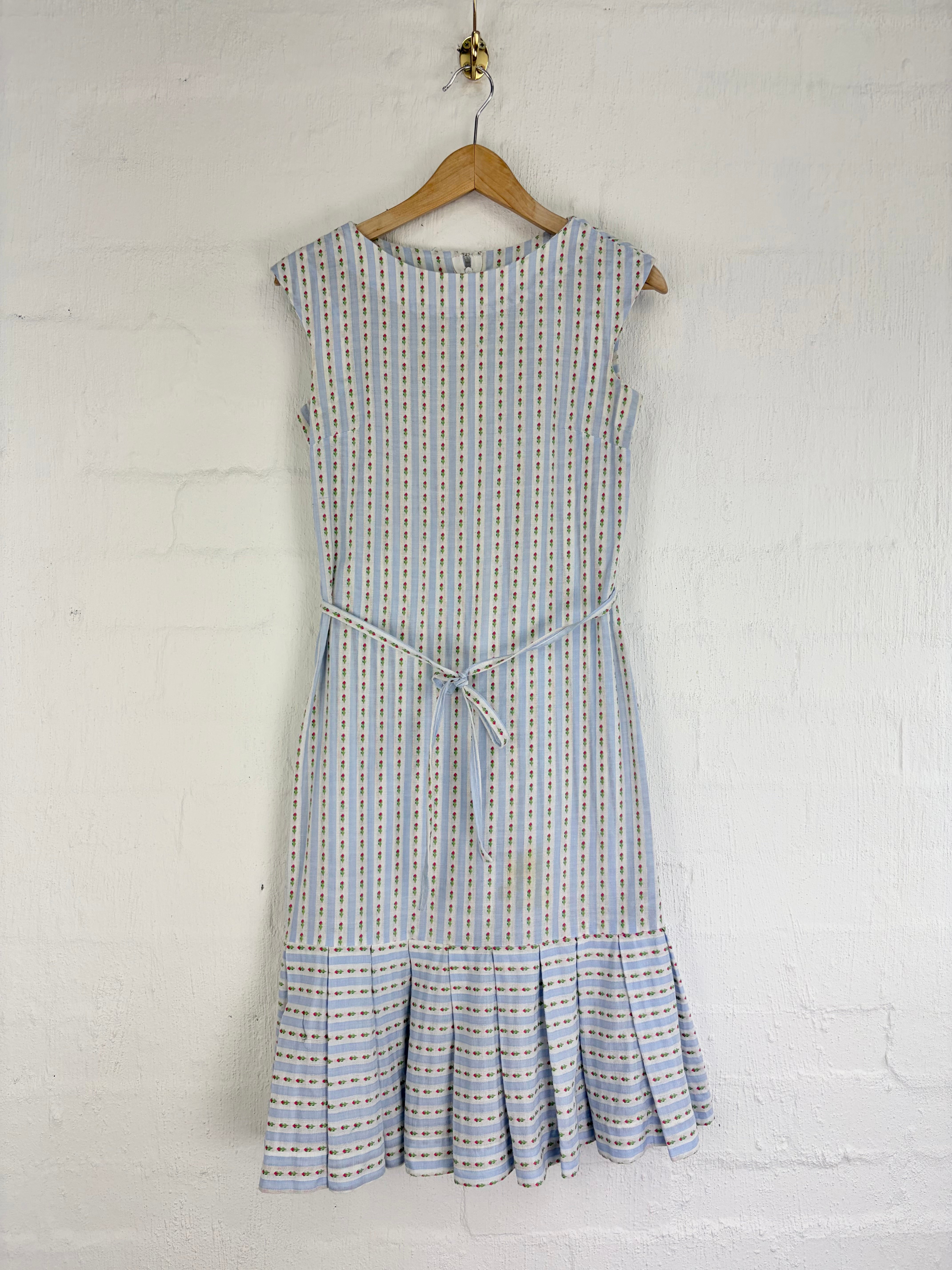 Hand Made Pale Blue Floral Stripe Sleeveless Dress - AU10
