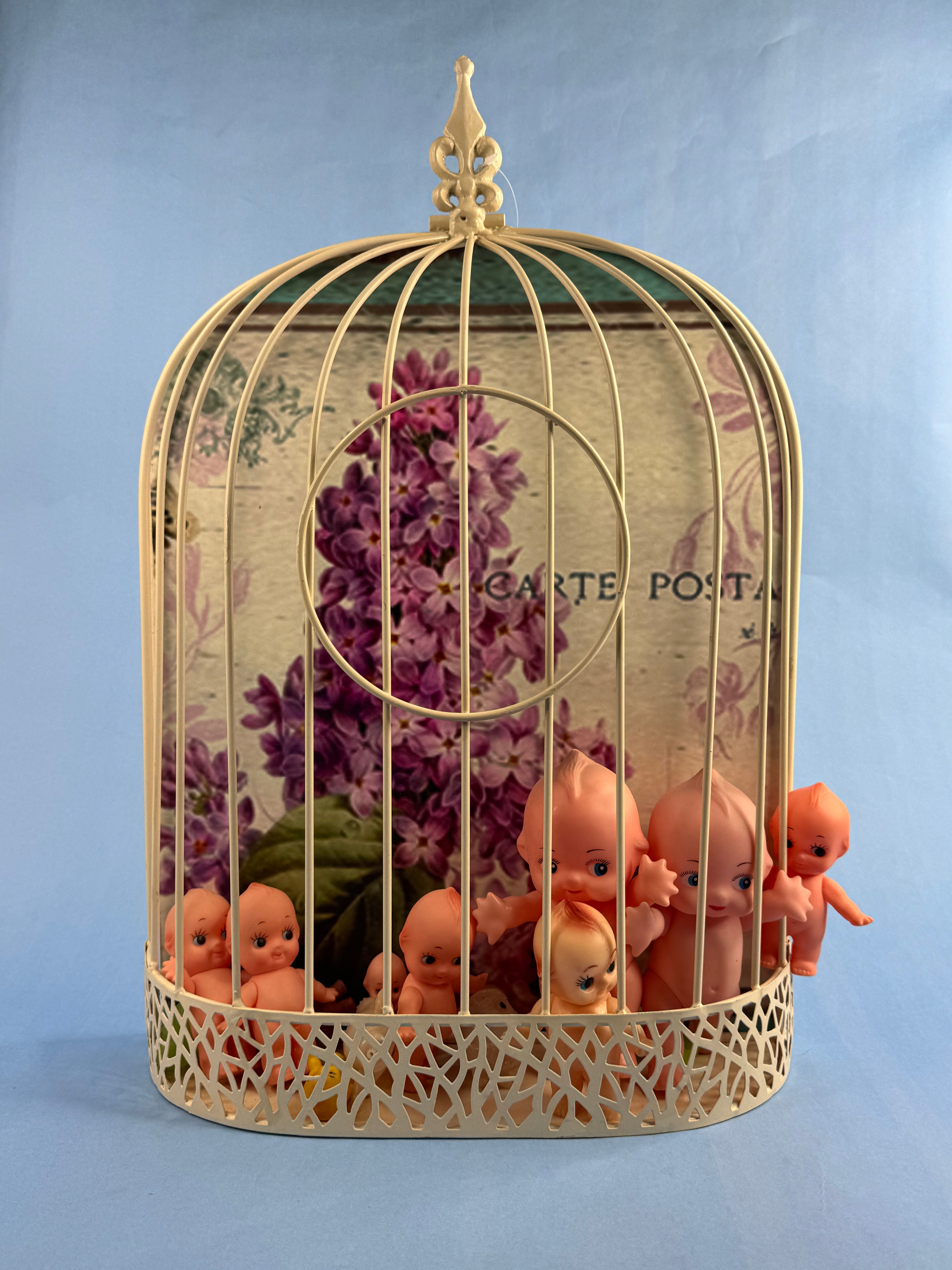 Cream Wall Mounted Bird Cage Inexplicably Filled with Kewpie Babies