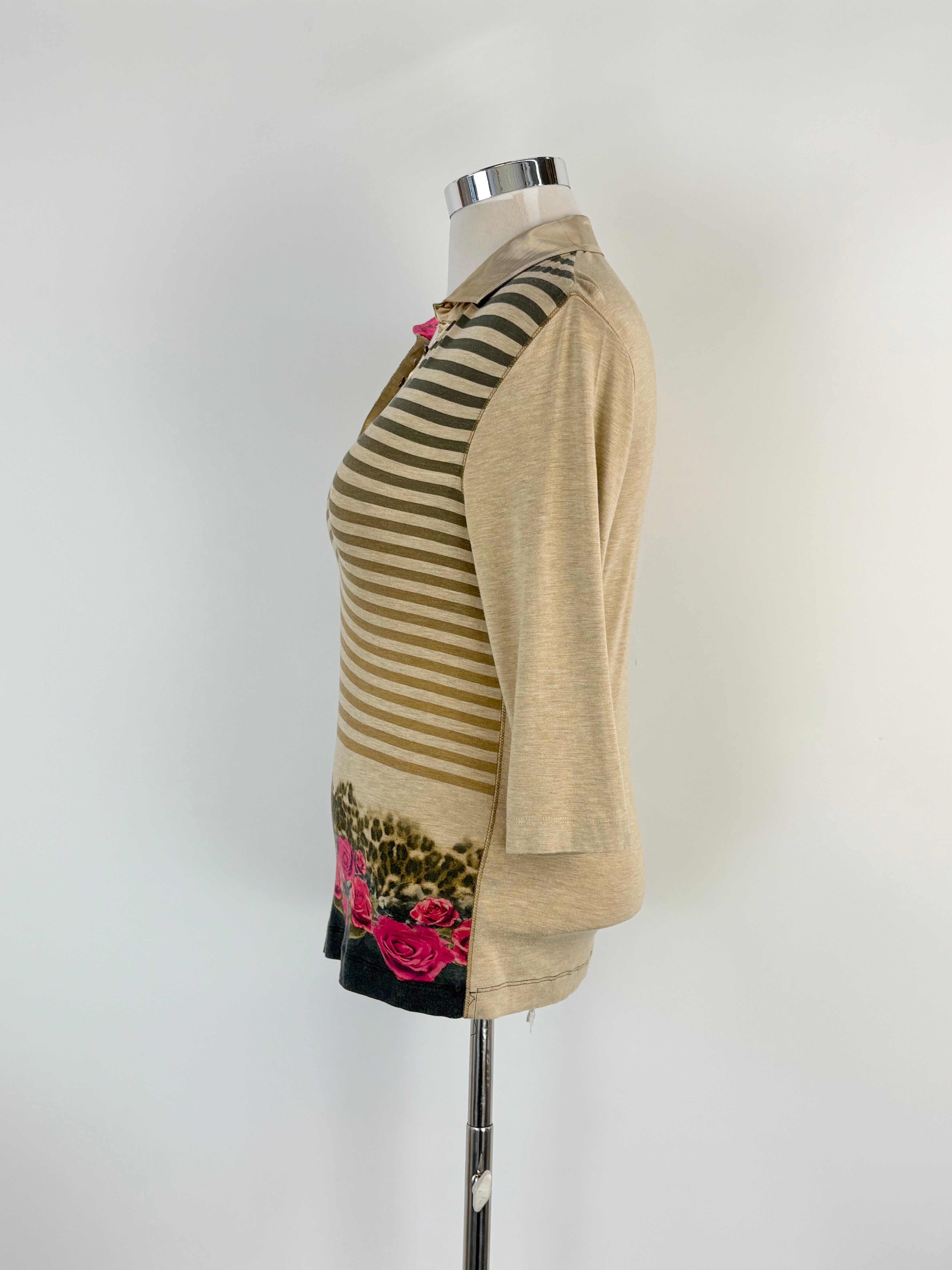 Basler Beige Striped & Animal-Print Long Sleeve Polo - AU14