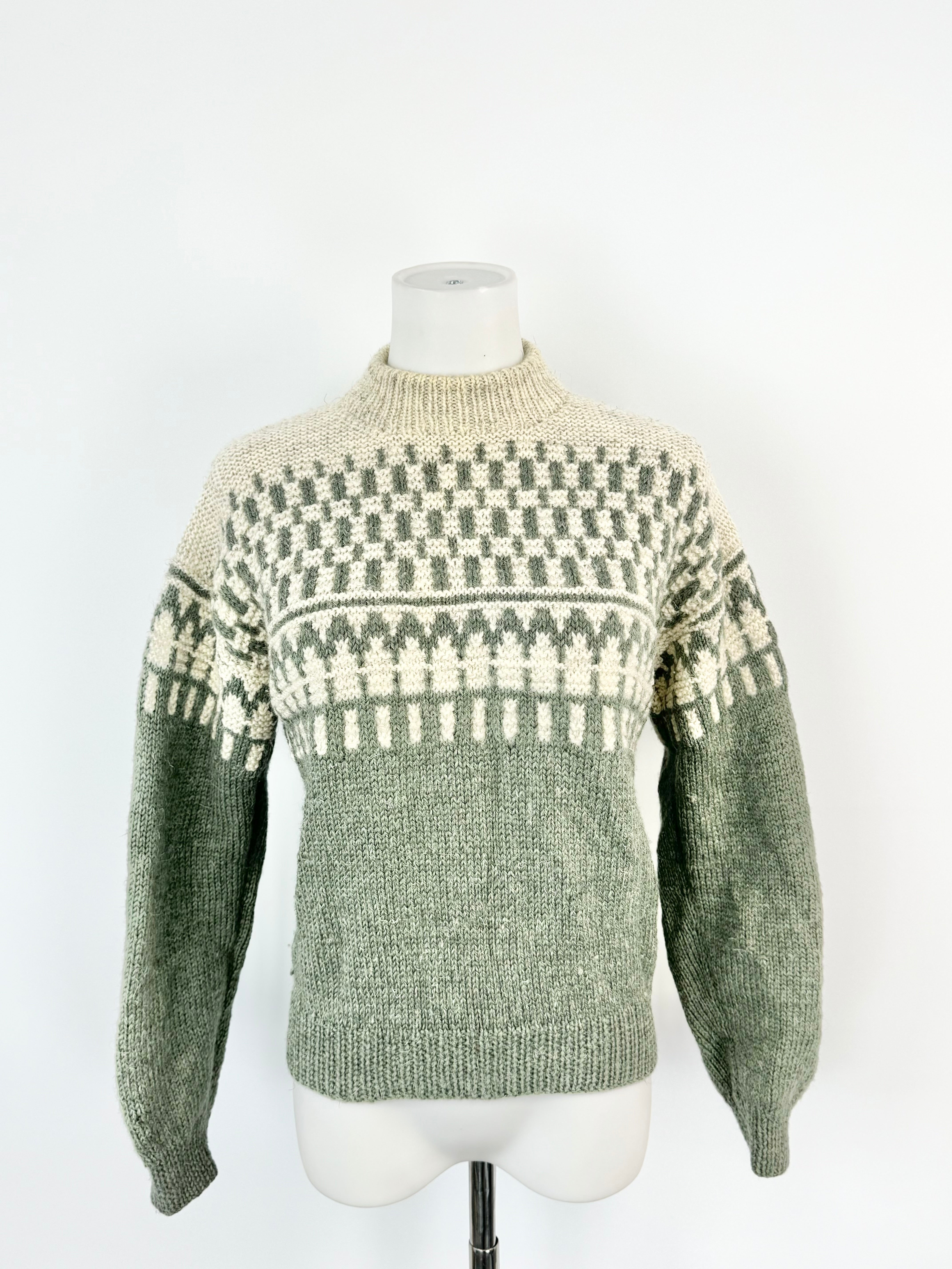 Hand-Made Sage Green & White Knitted Jumper - AU6/8