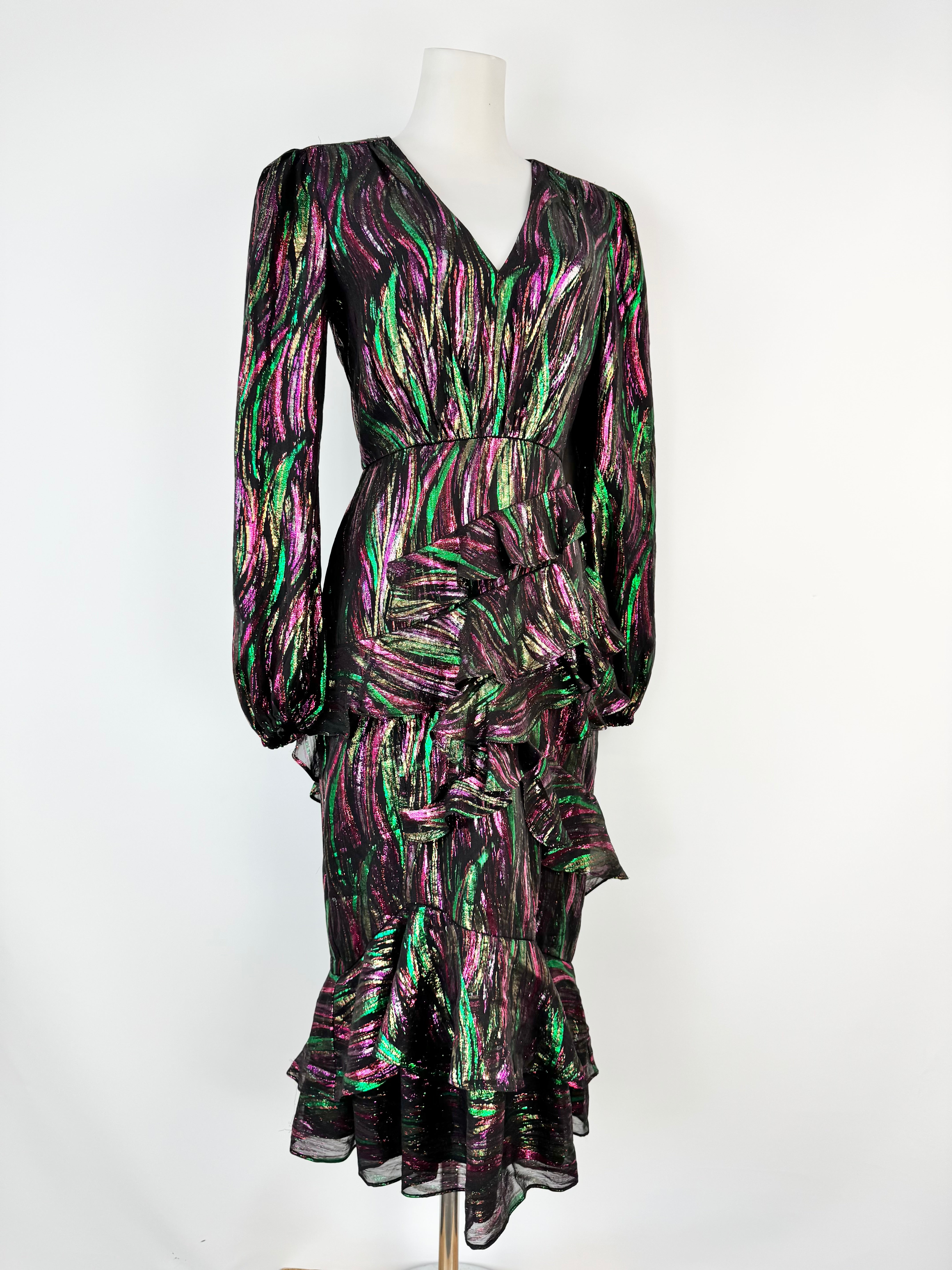 Saloni 'Alya' Ruffled Metallic Fil Coupe Silk-Blend Chiffon Midi Dress - AU8