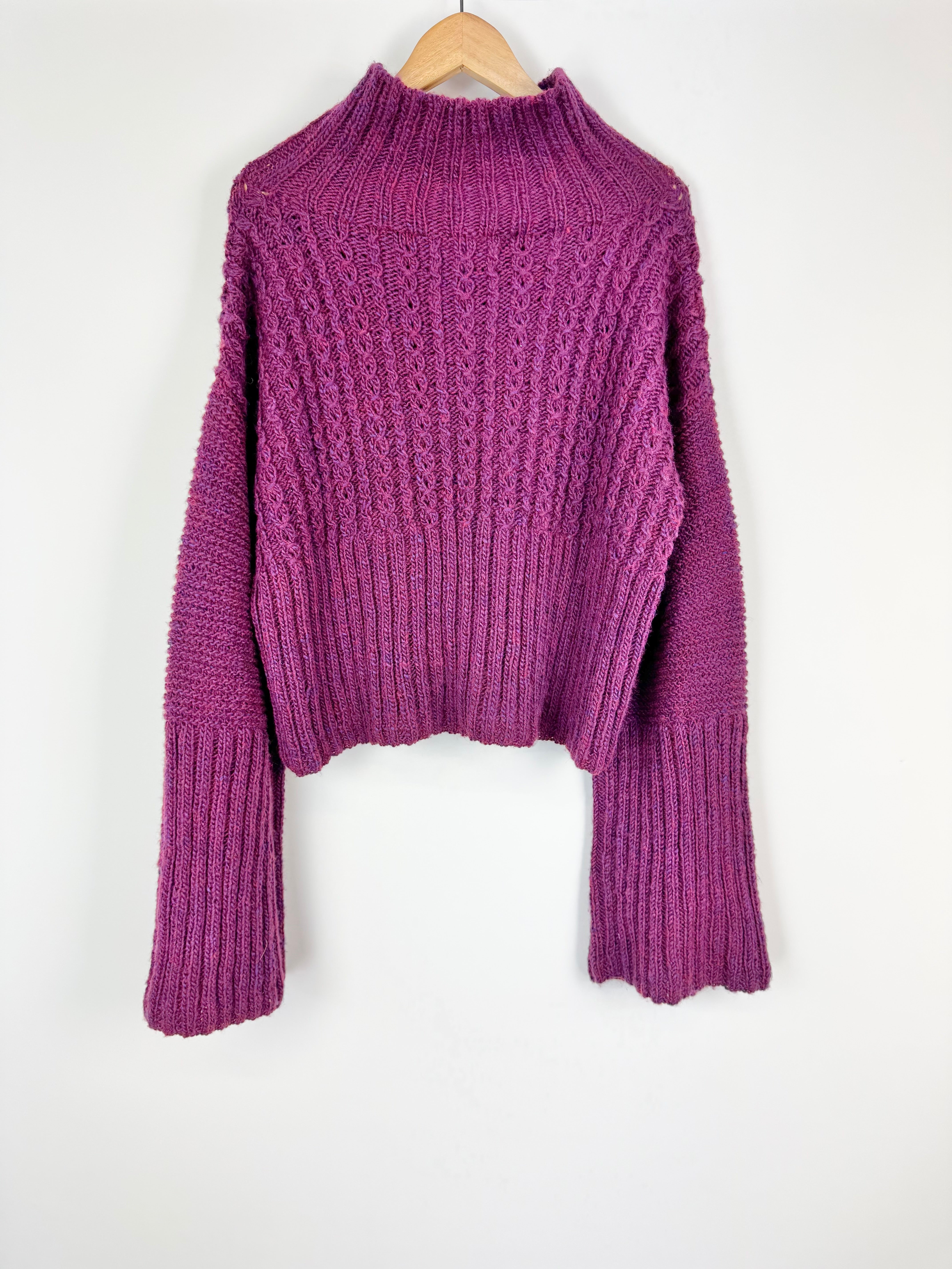Akiranaka Boysenberry Handknitt Cable Knitted Bell Sleeve Sweater - AU10