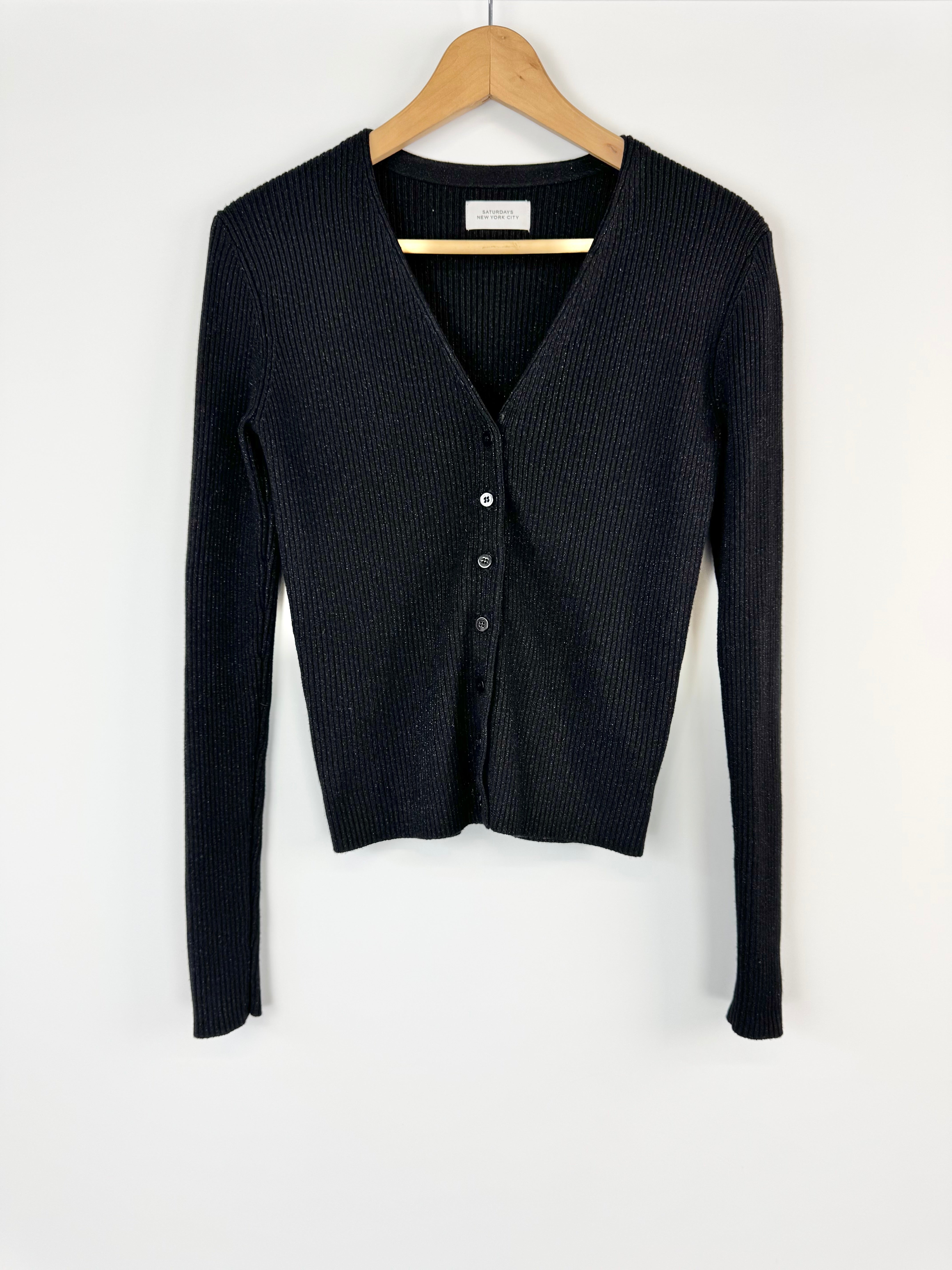 Saturdays NYC Black and Silver Lurex V-Neck Cardigan - AU10