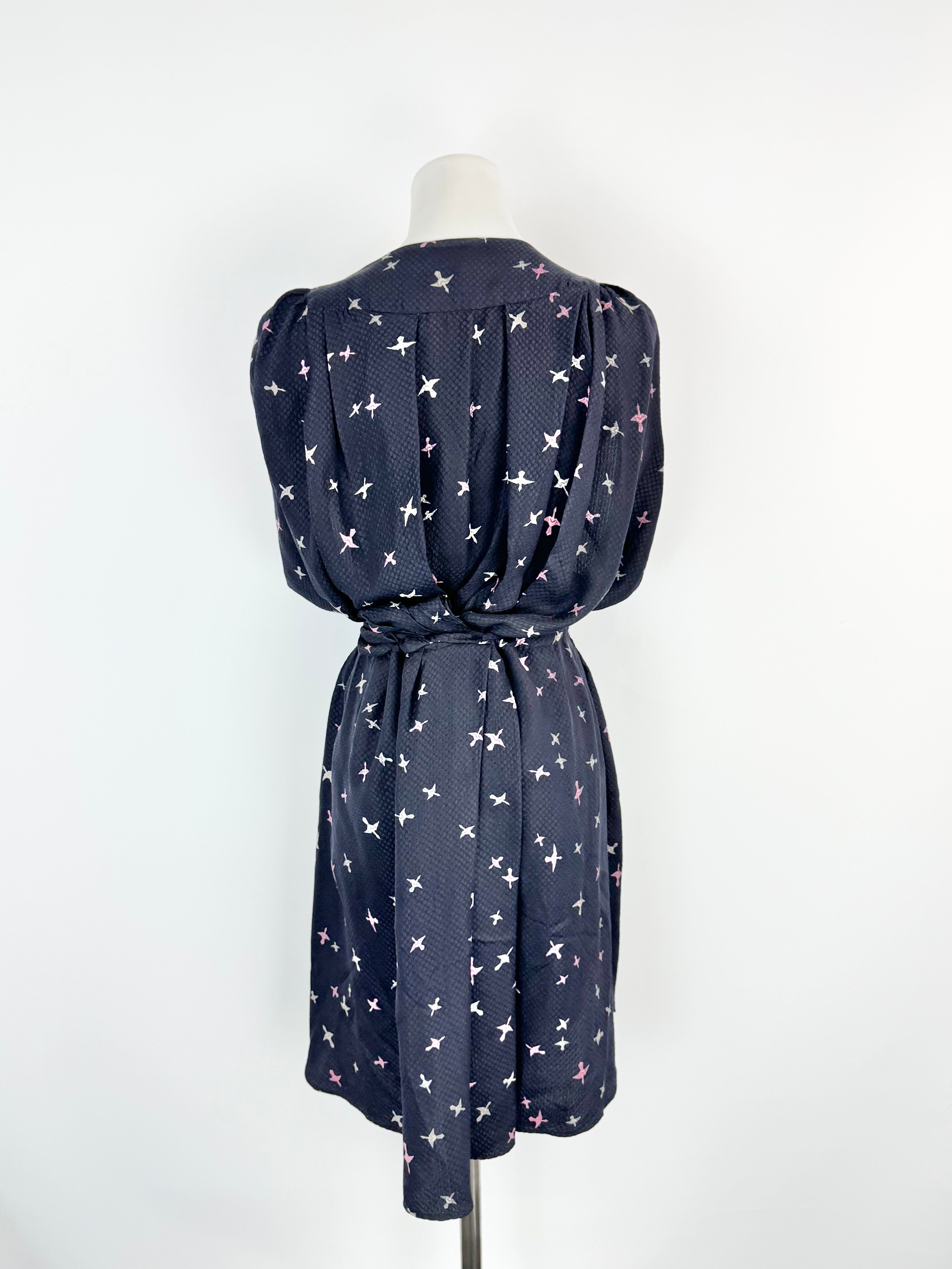 Isabel Marant Midnight Blue Bird Print Silk Dress - AU6/8