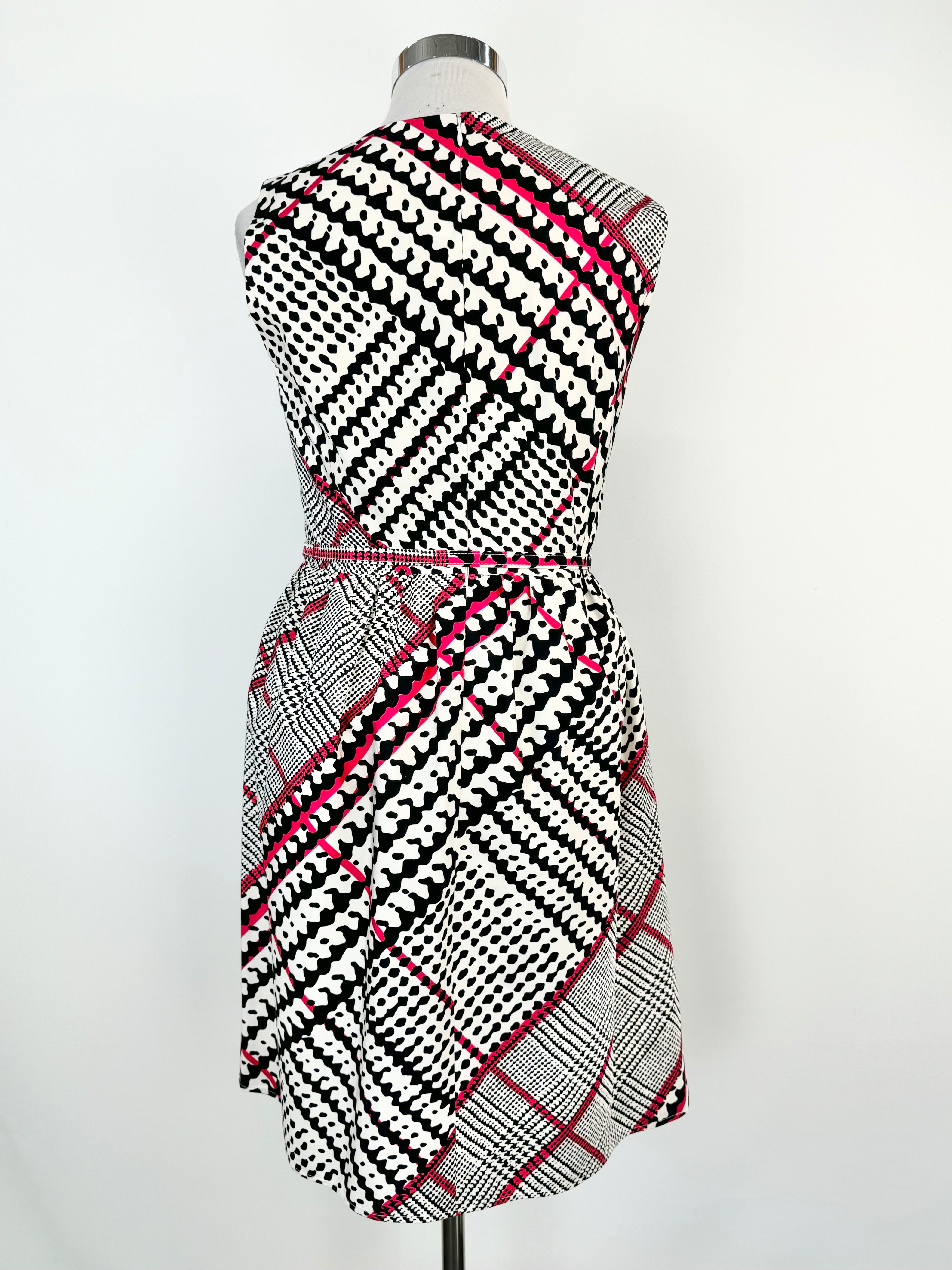 Oscar de la Renta White, Blue & Hot Pink Silk Midi Dress - AU12