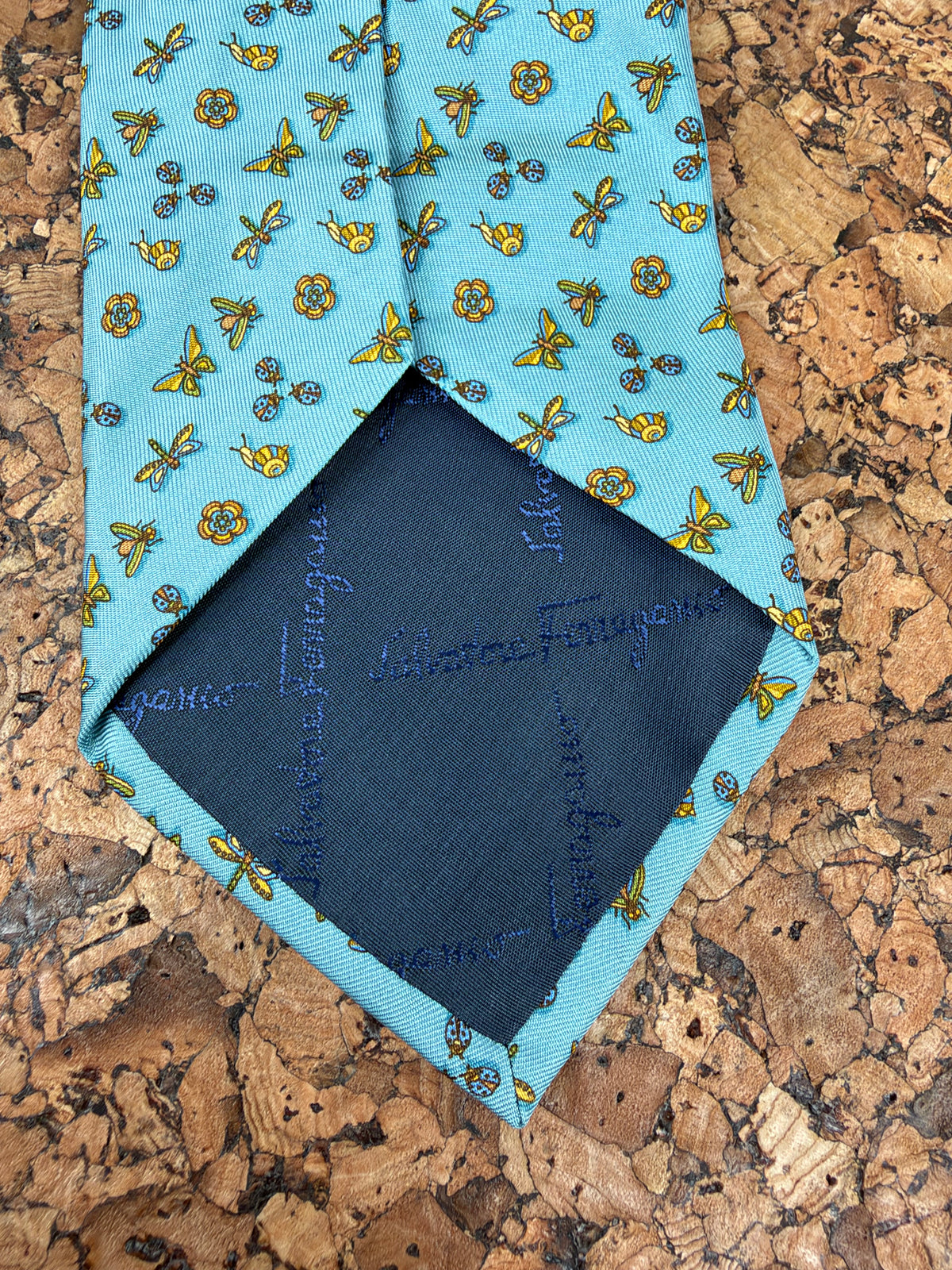 Salvatore Ferragamo Sky Blue Butterfly Bee and Snail Motif Silk Tie