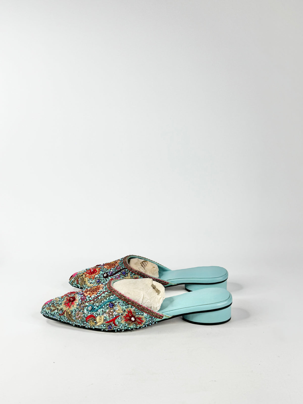 Aqua Hand Embroidered Mules - 9