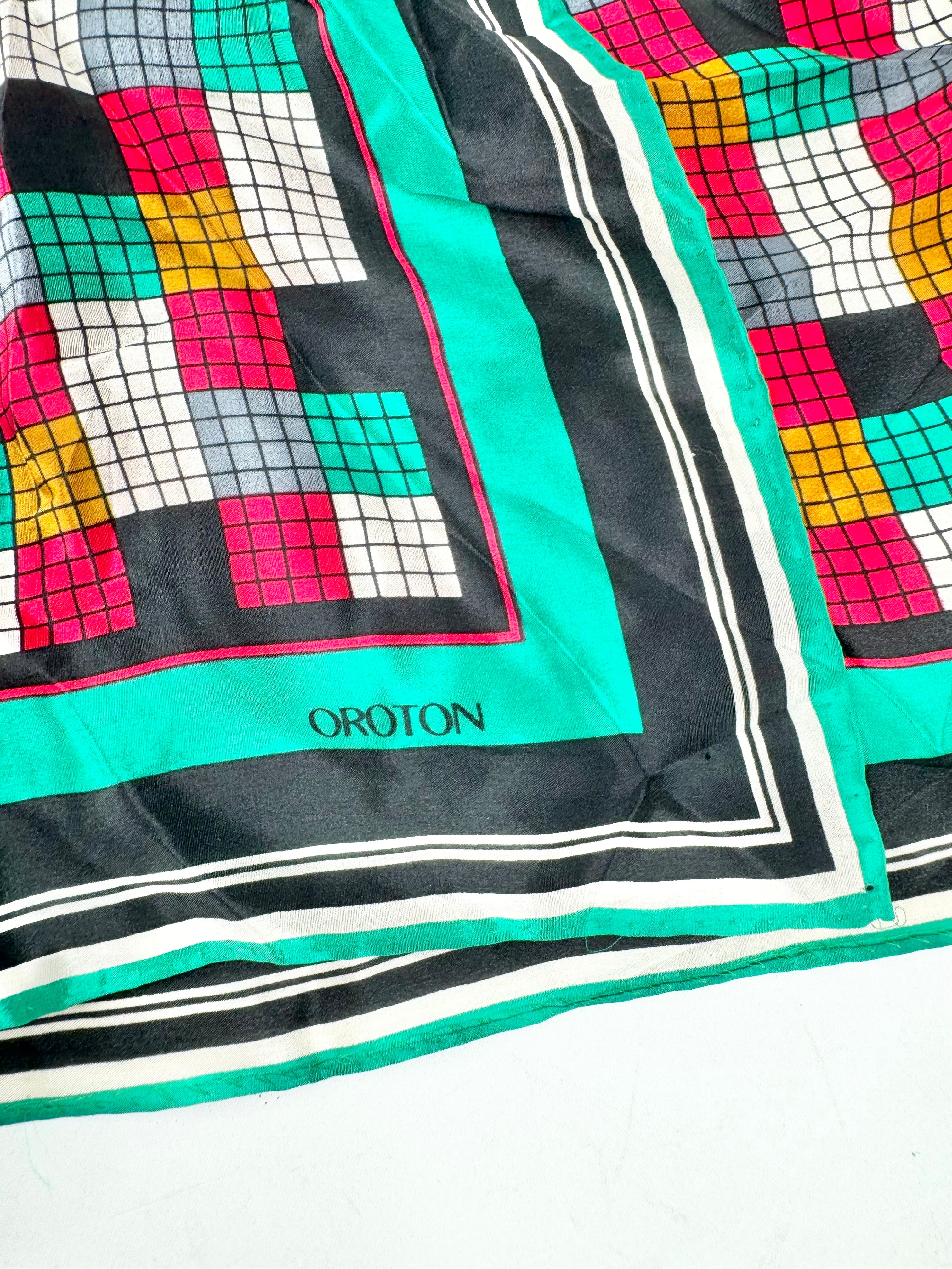 Oroton Emerald Green Grid Pattern Square Silk Scarf