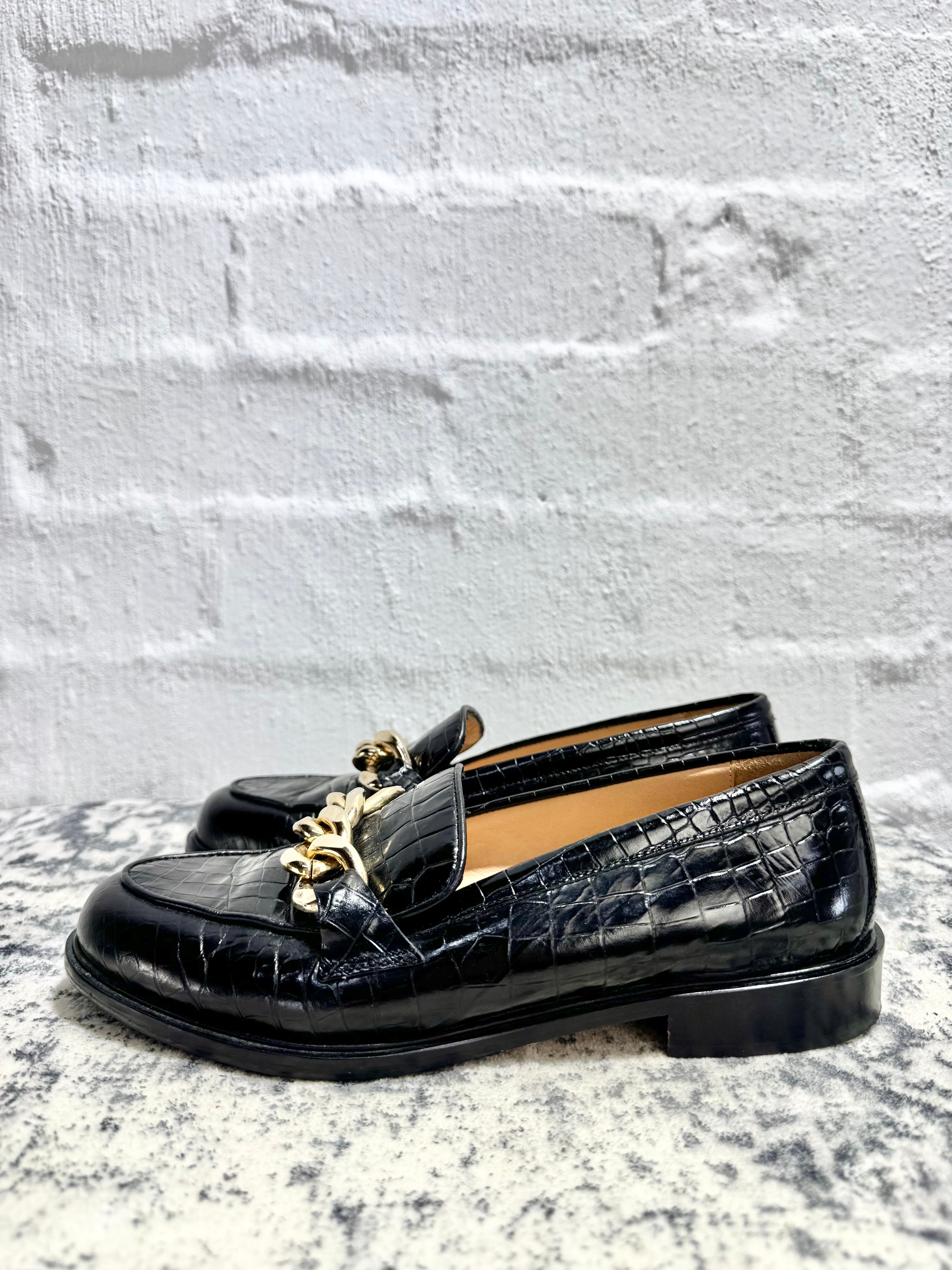 Husk Black Croc Embossed Gold Chain Loafers - EU37