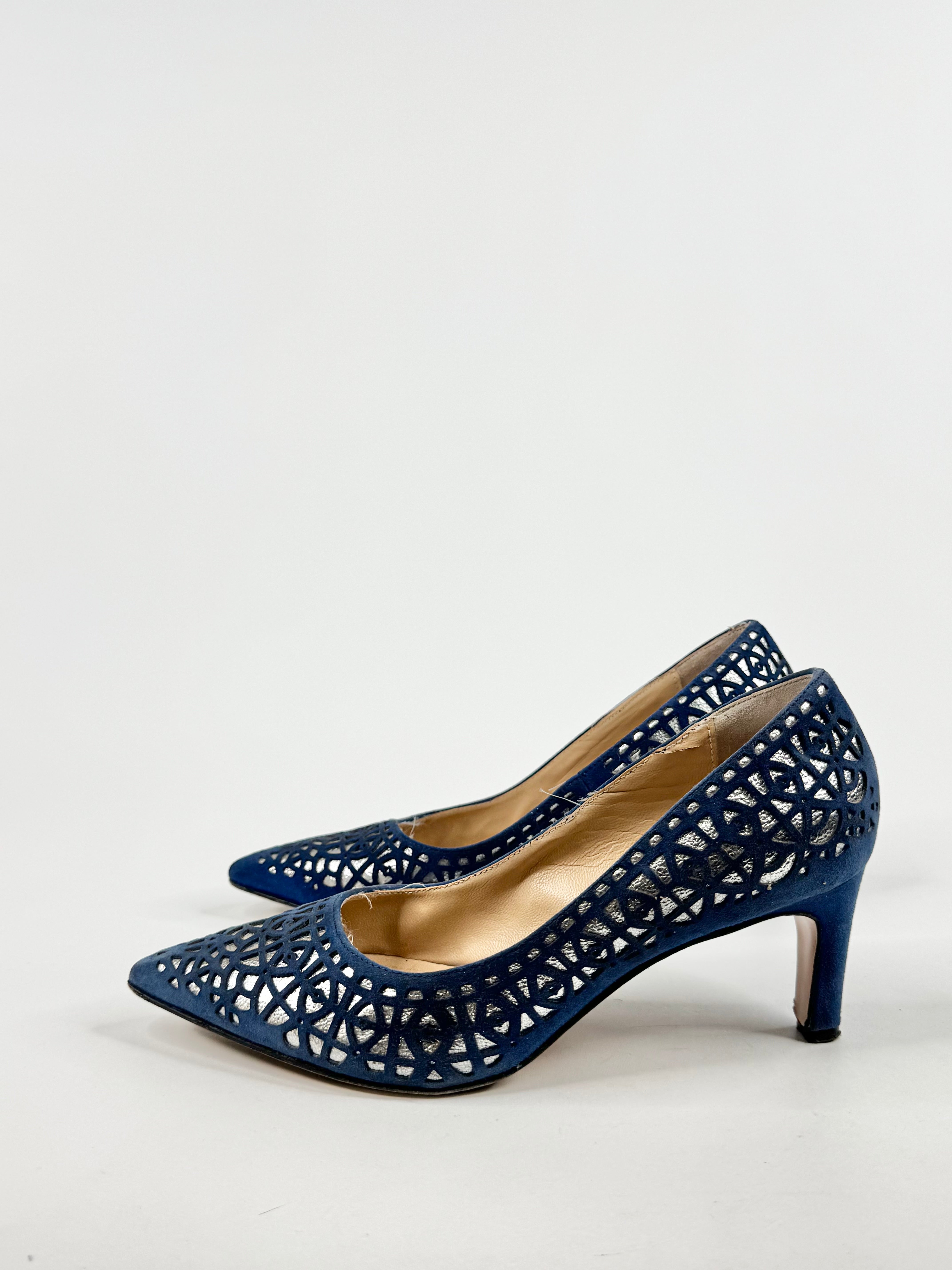 Napoleoni Blue & Silver Lazer Cut Kitten Heels - EU37.5